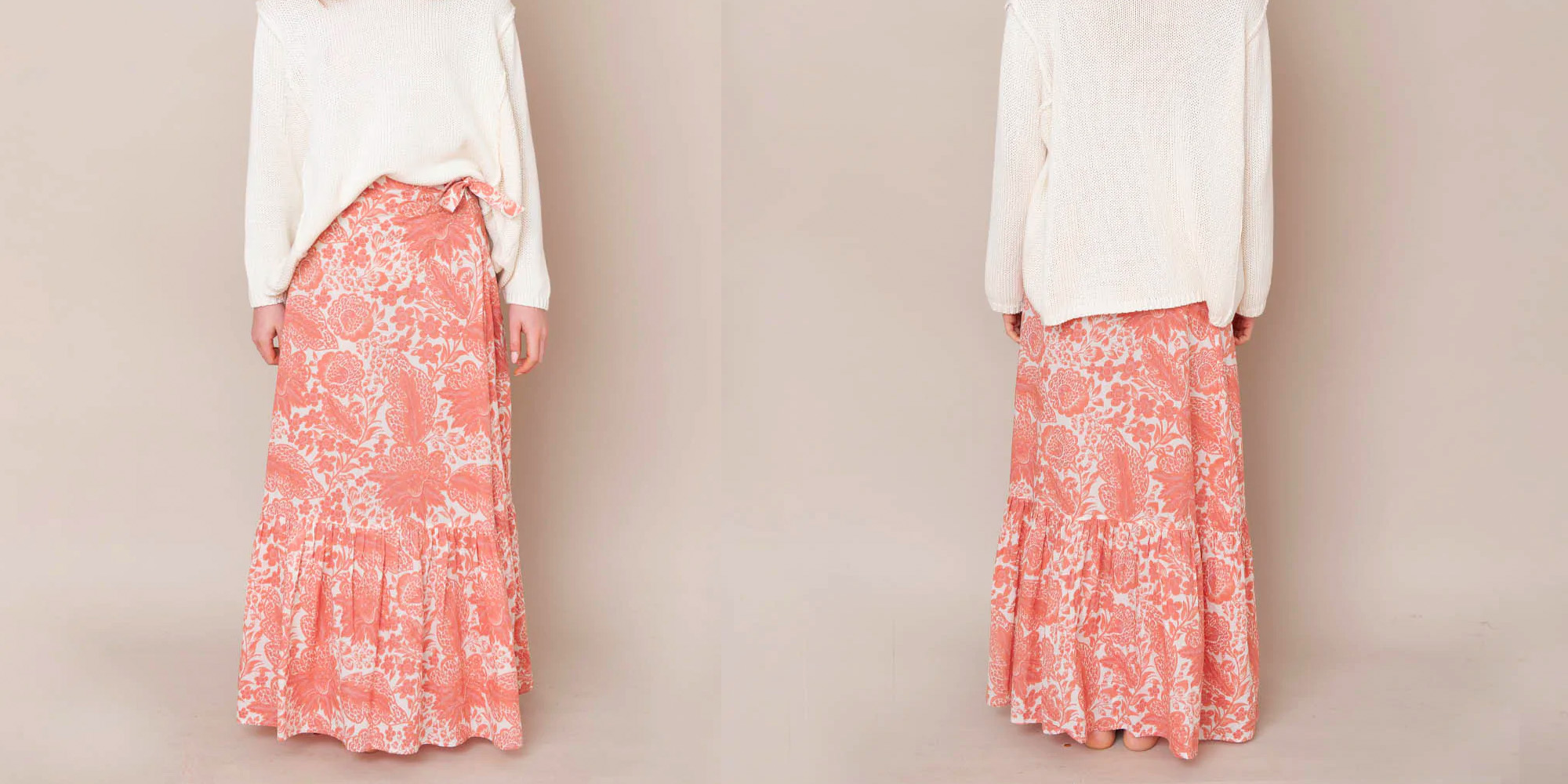 A woman in a full-length floral skirt by Beaumont Organic