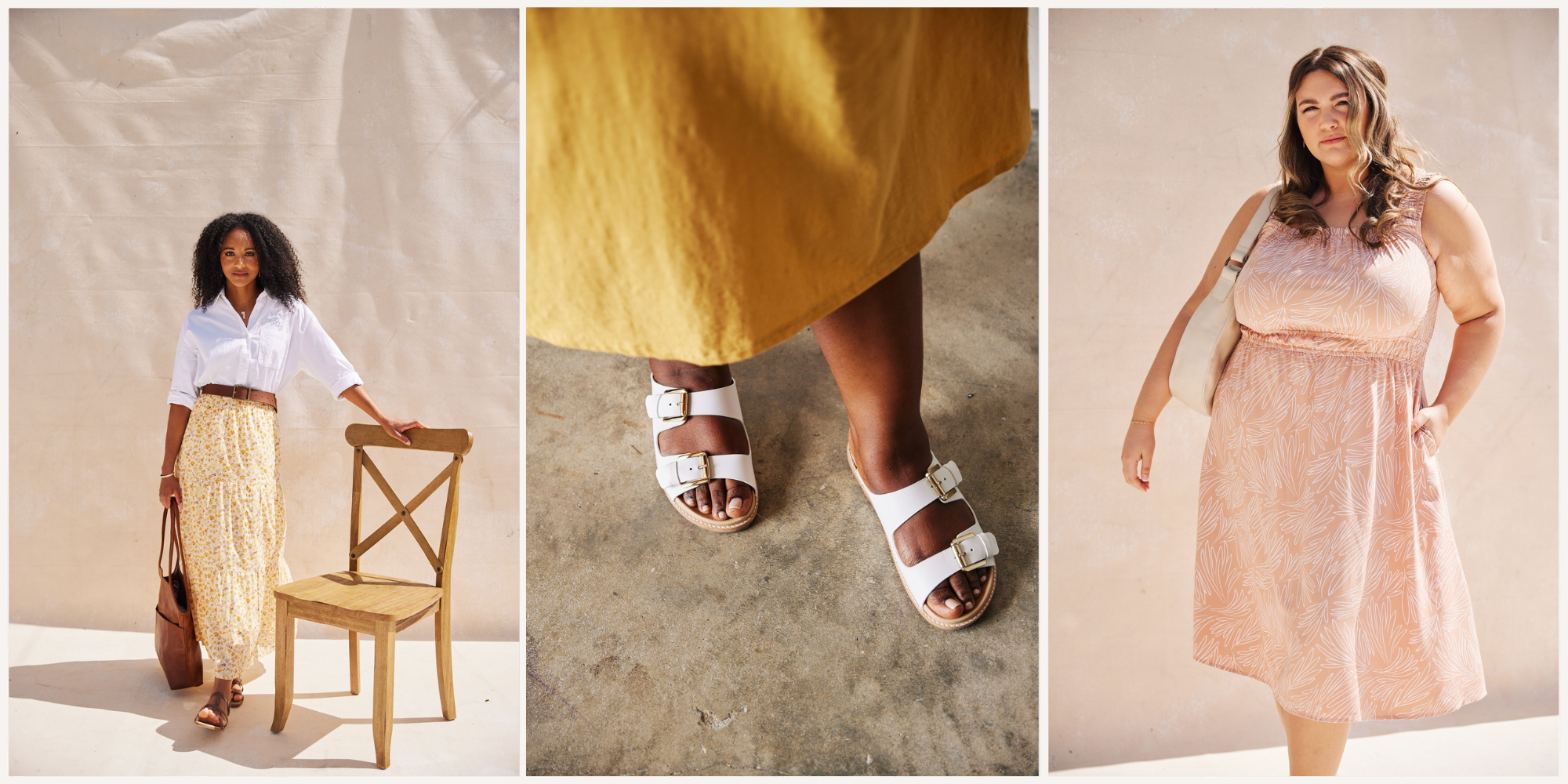 images of people in a short, skirt and a dress by ABLE and image of person's feet in sandals by ABLE
