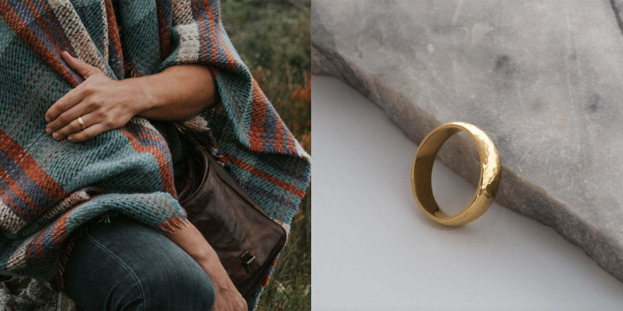 A gold wedding band, featuring a hammered finish from AuTerra.