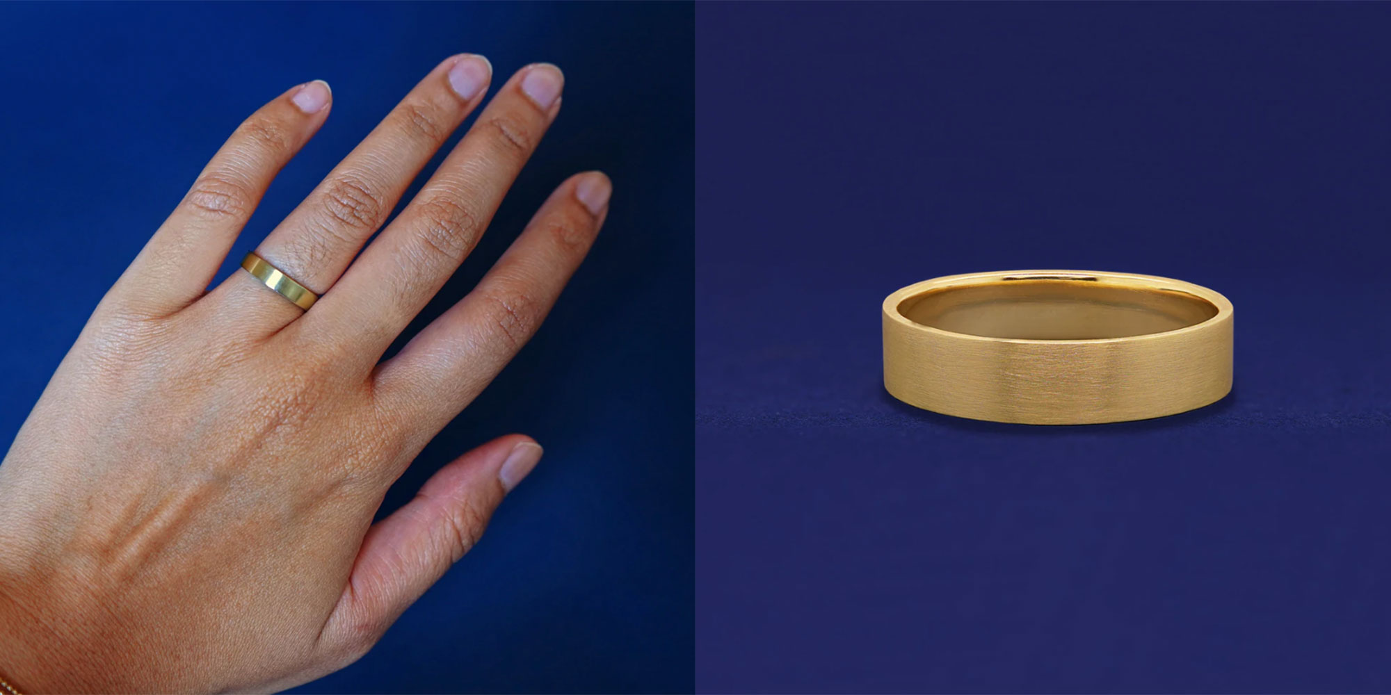 A matte gold wedding band by Automic Gold.