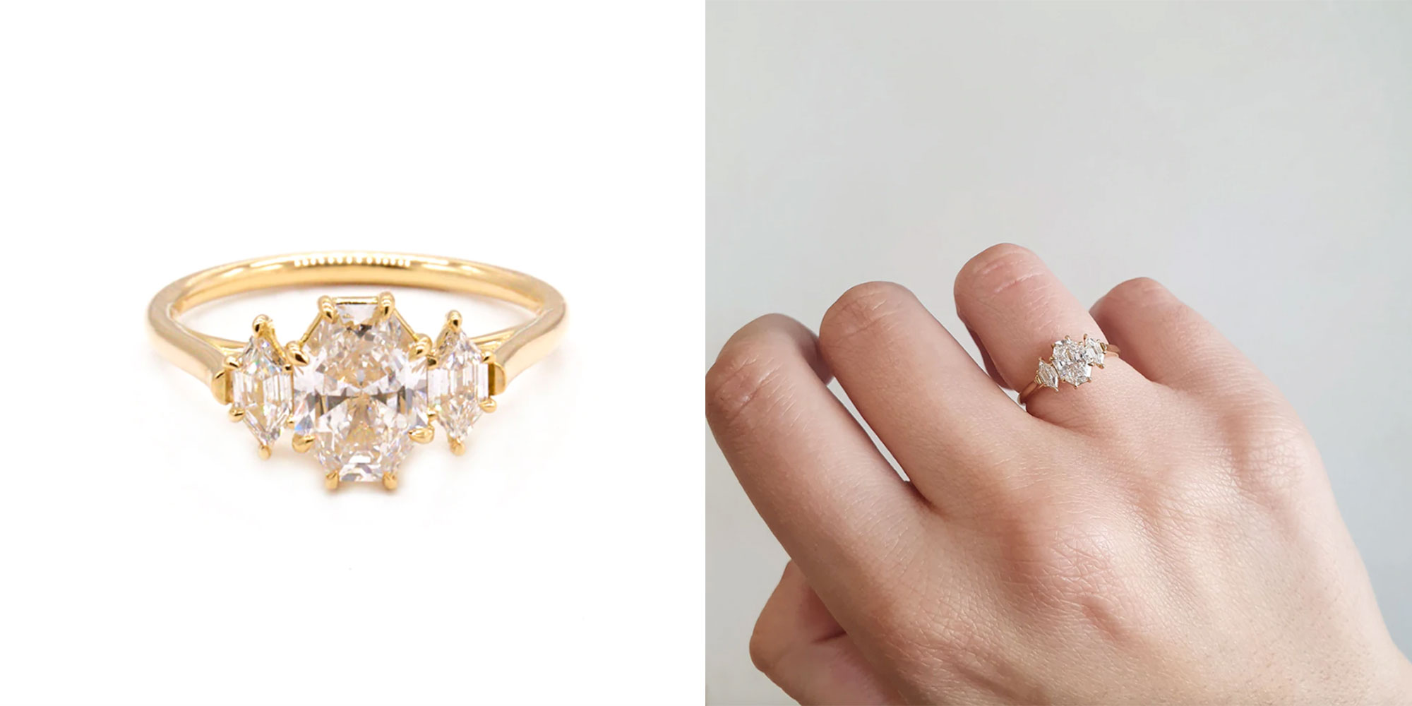 A ring with a decadent trio featuring the geometric detailing of a lucky-cut white laboratory grown diamond from Natalie Marie Jewellery.