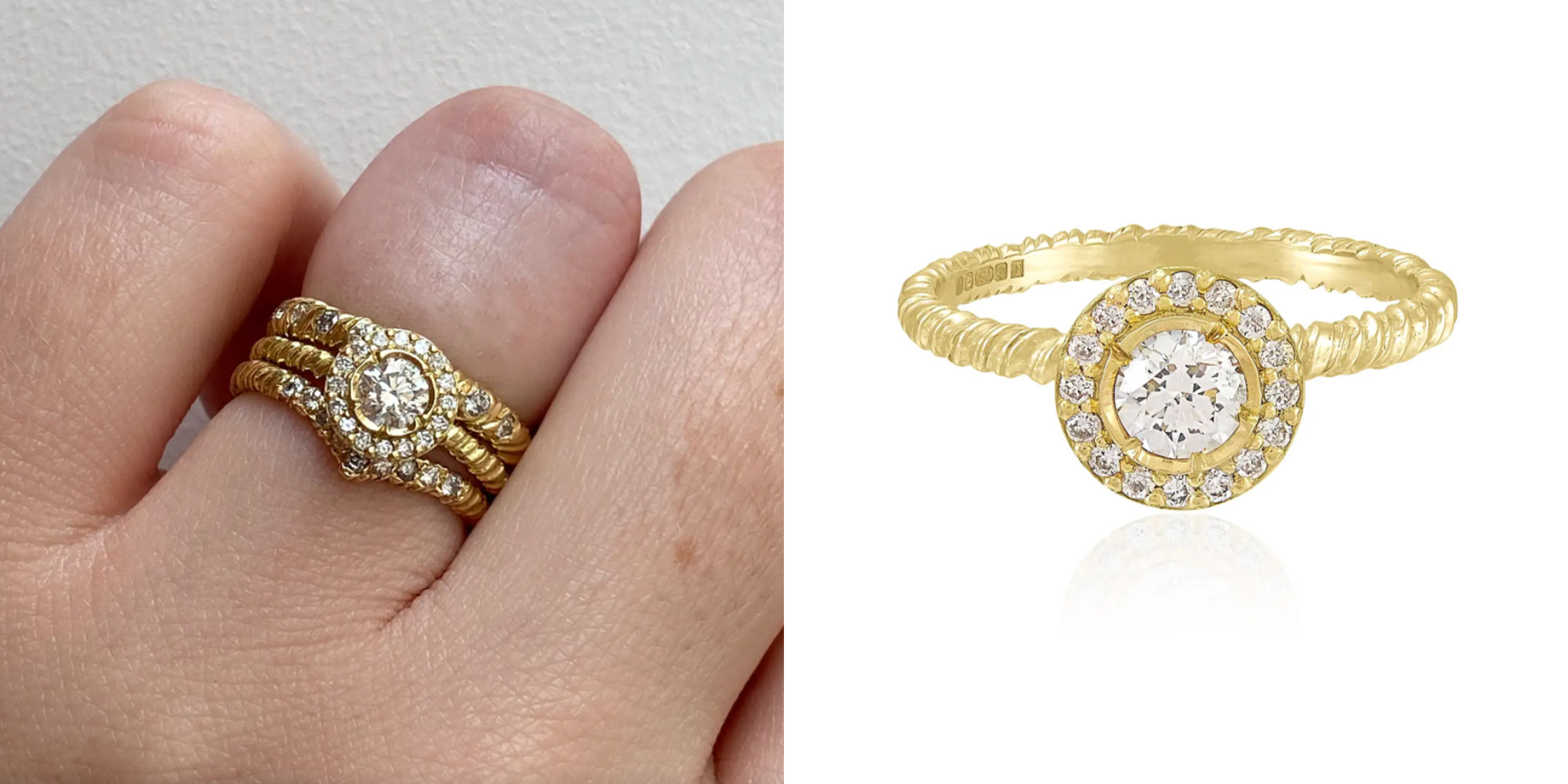 A gold brilliant cut diamond ethical engagement ring by Natalie Perry.