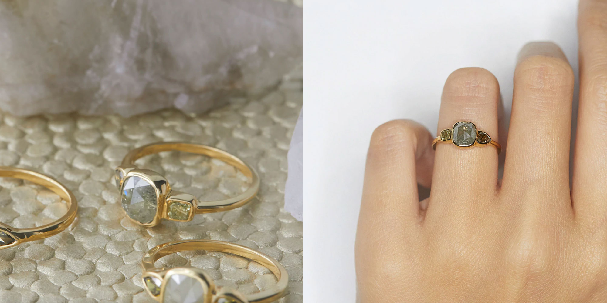 A gold ring with natural colored diamonds by Xiao Wang.