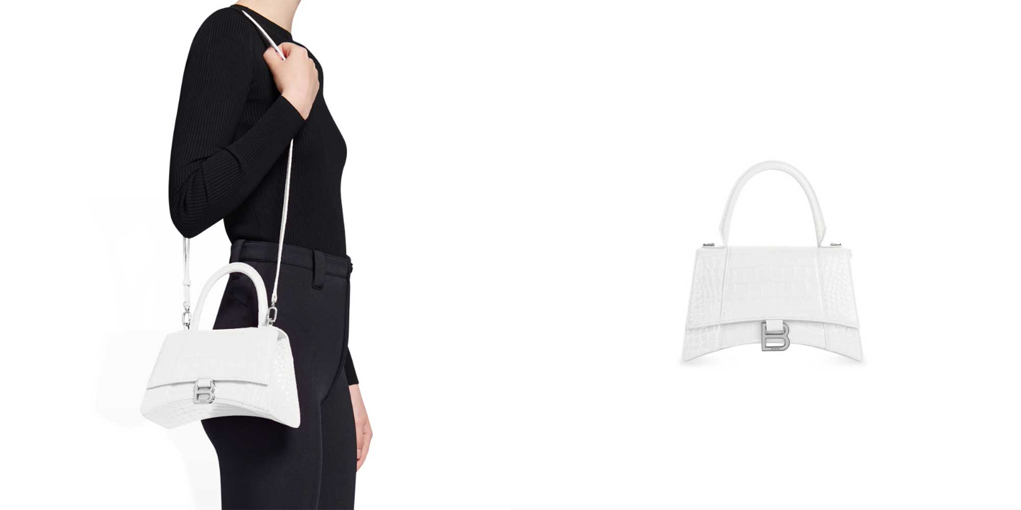 A white leather hourglass handbag by Balenciaga.