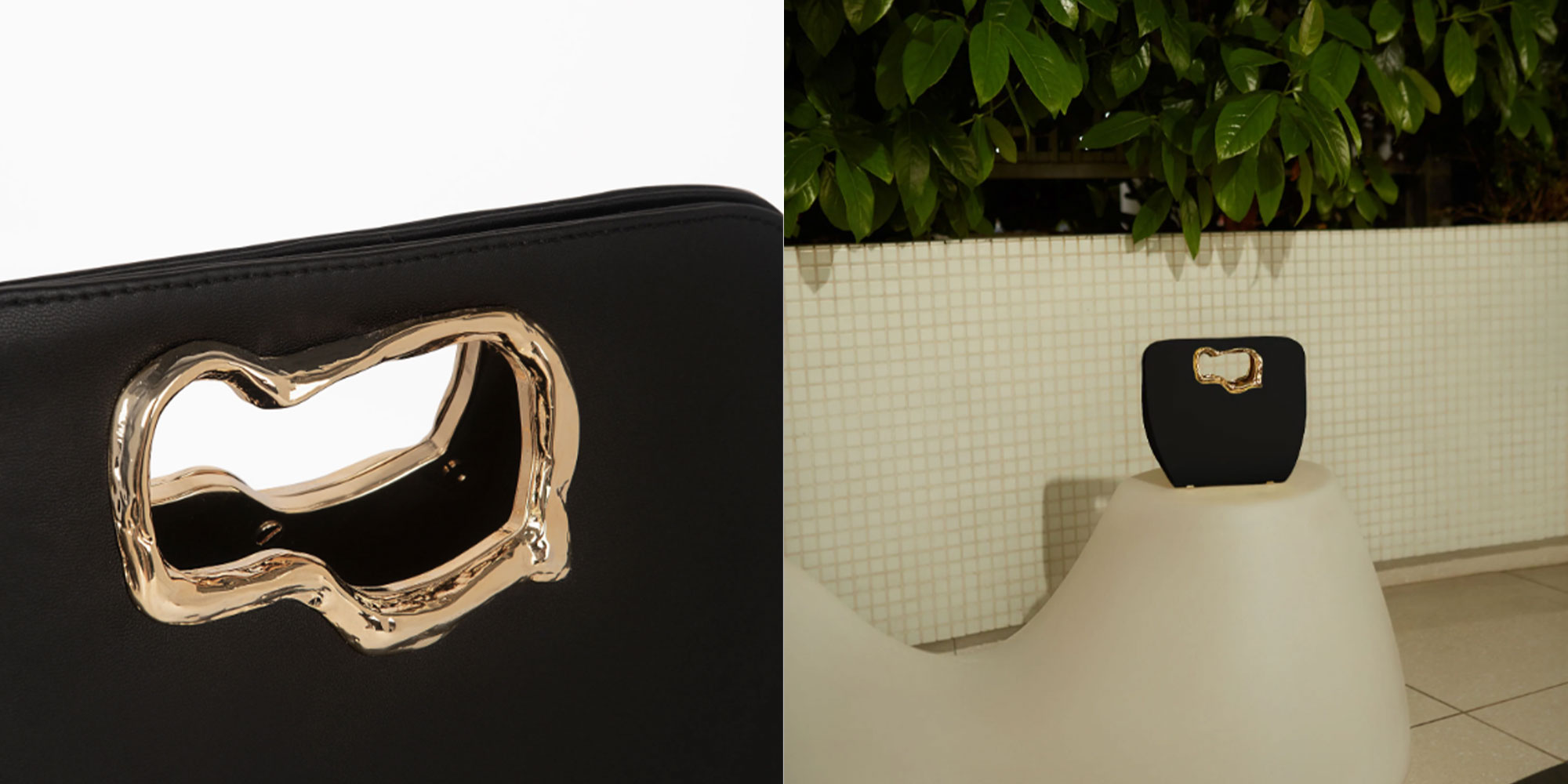A black luxury handbag with gold handles by Mashu.