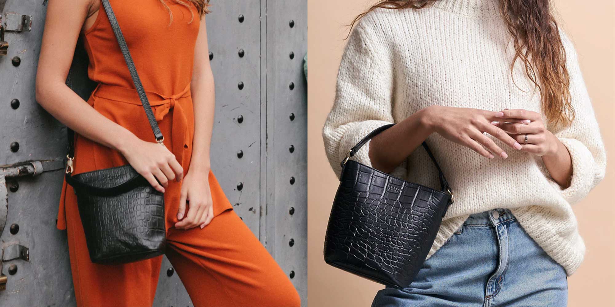 A black classic bucket bag, made from leather with a heat pressed croco pattern.