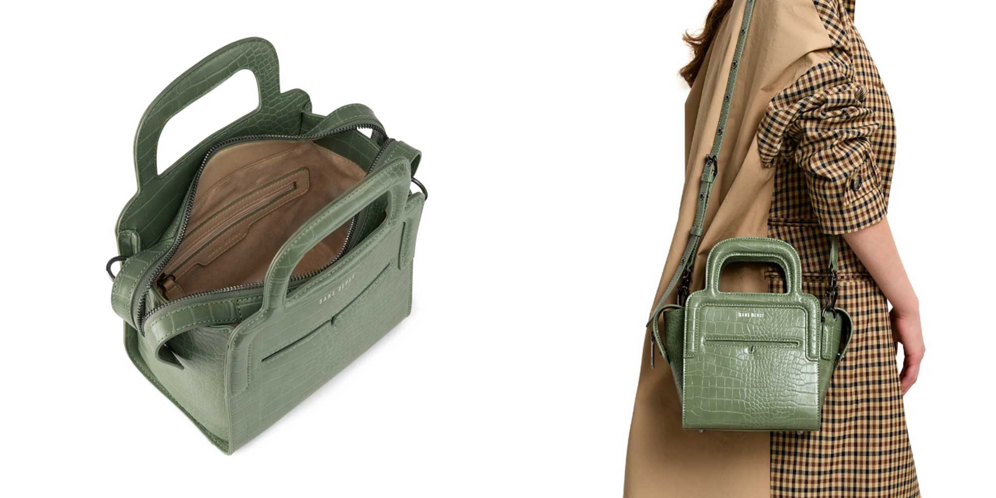 A Pistachio Mini Tote, made from Global Recycled Standard certified PU, with a faux croc embossed finish.