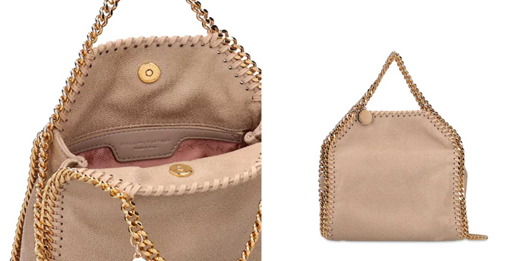 A beige handbag with gold chain handles by Stella McCartney.