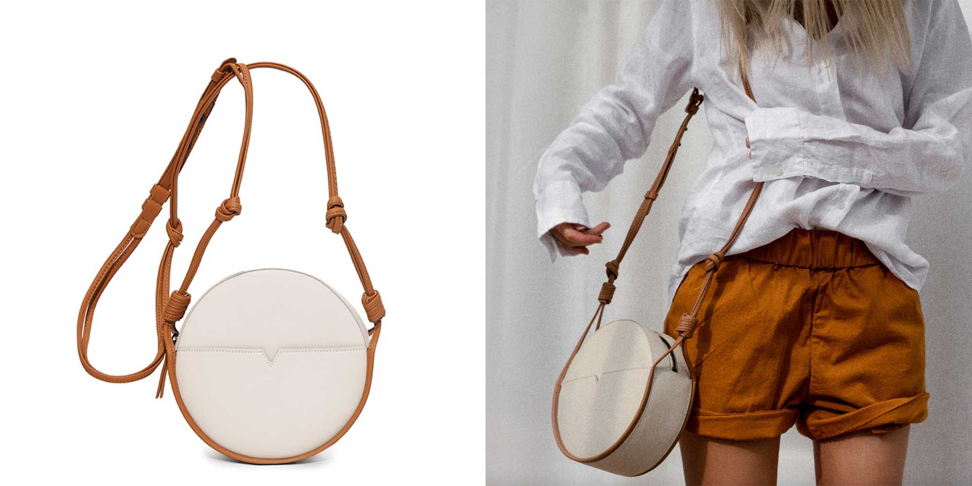 A tan and white circle bag by von Holzhausen.