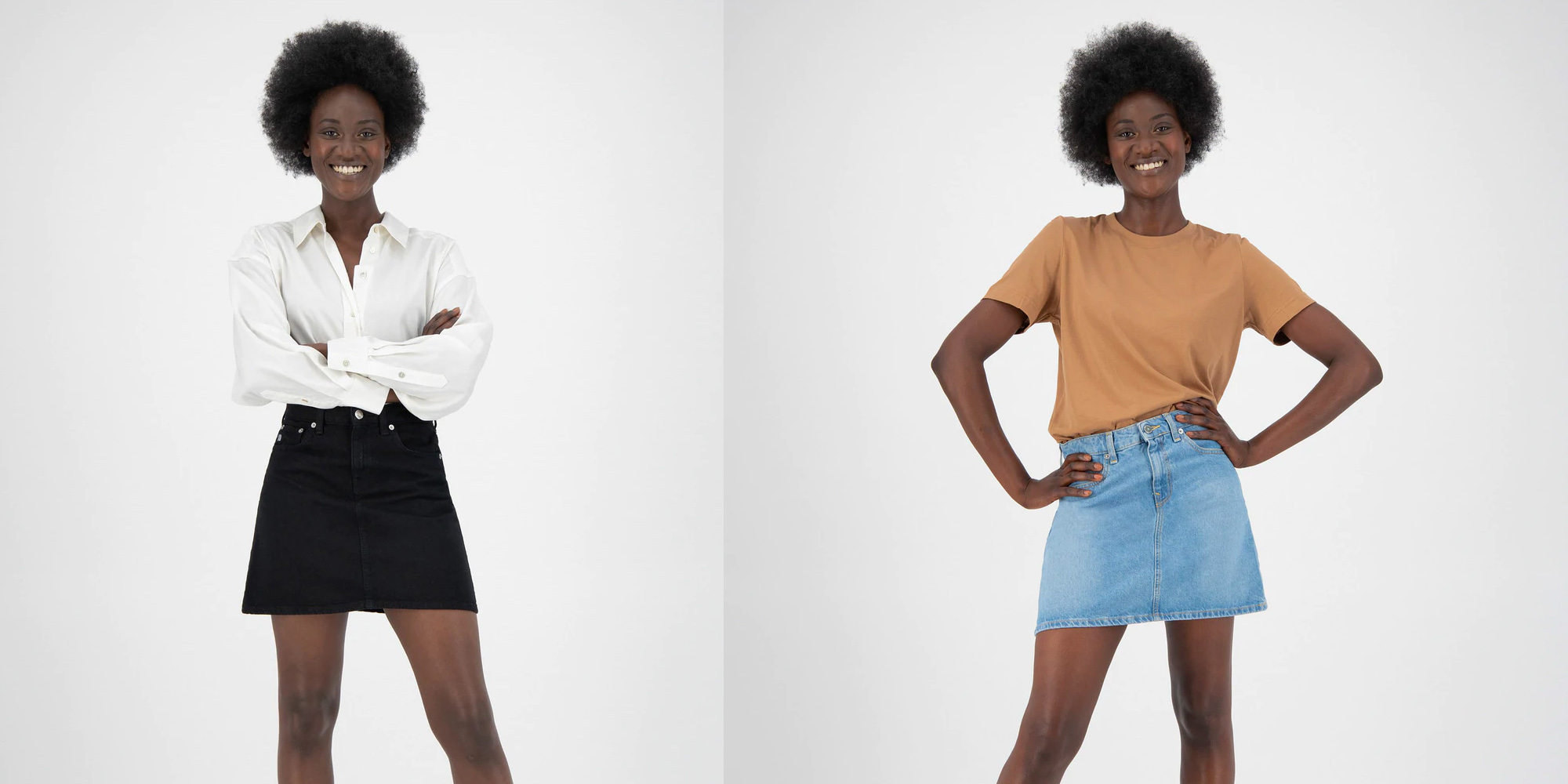 Woman in sustainable mini denim skirt by MUD Jeans