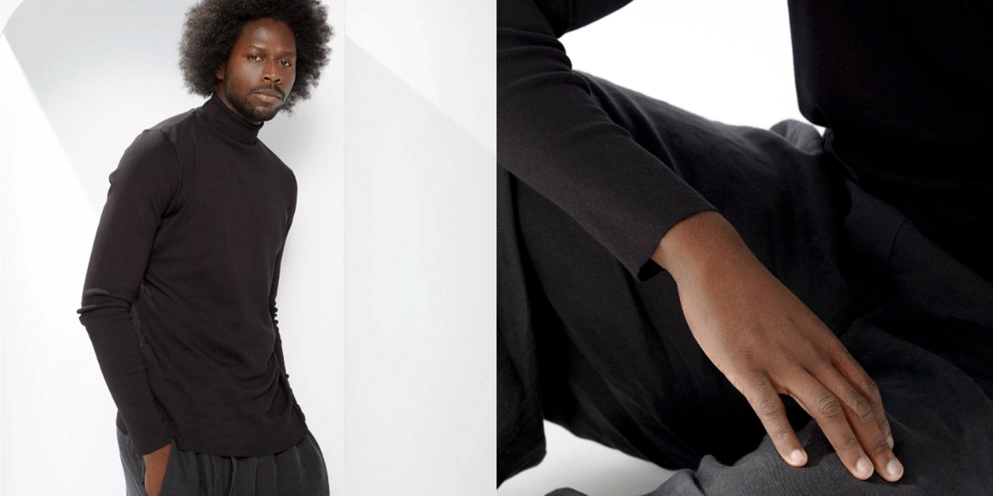 A person wearing a black turtleneck by sustainable brand A.BCH.