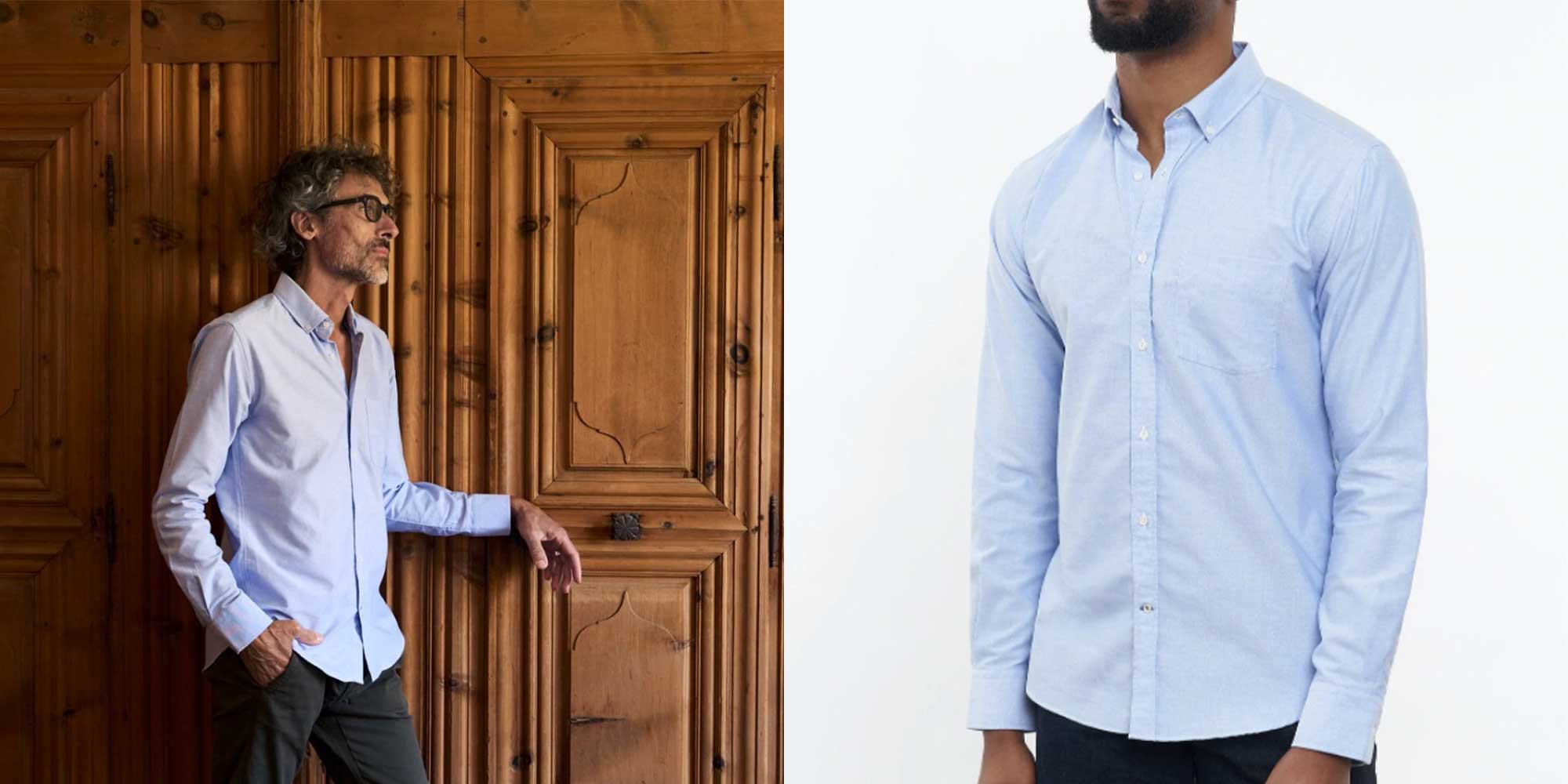 A person wearing a light blue sustainable Oxford shirt by Carpasus.