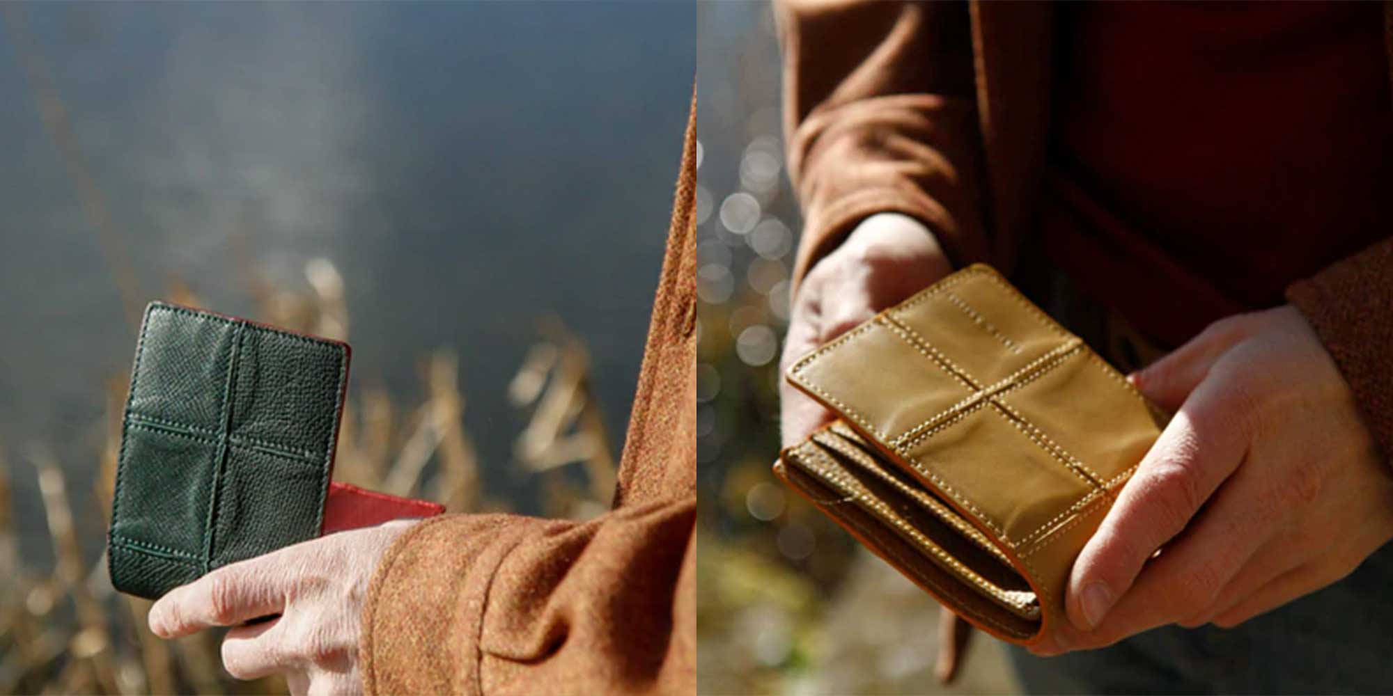 A compact wallet made from rescued leather, decommissioned fire hose, and reclaimed parachute silk.