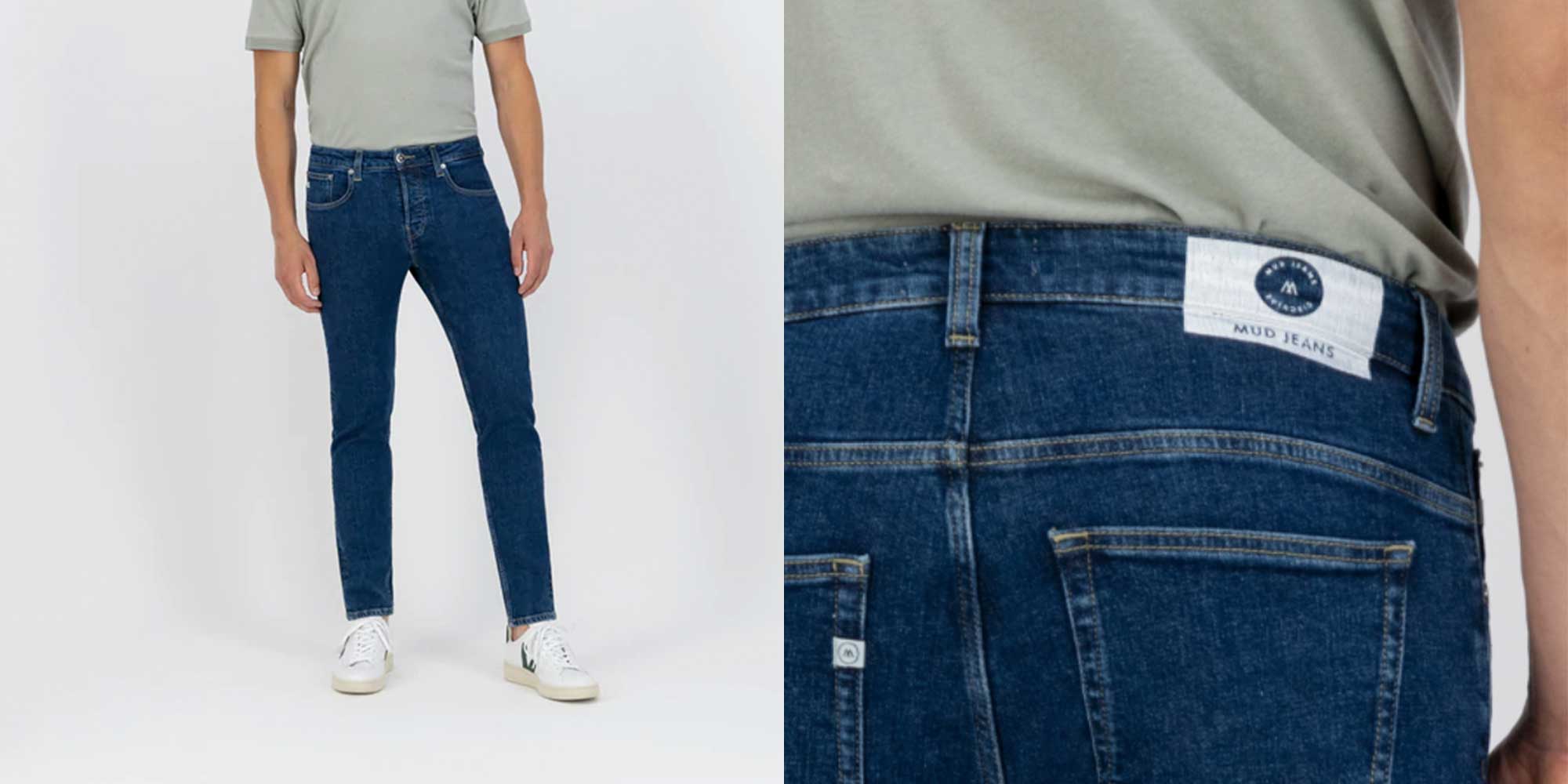 A person wearing dark blue denim jeans by MUD Jeans.