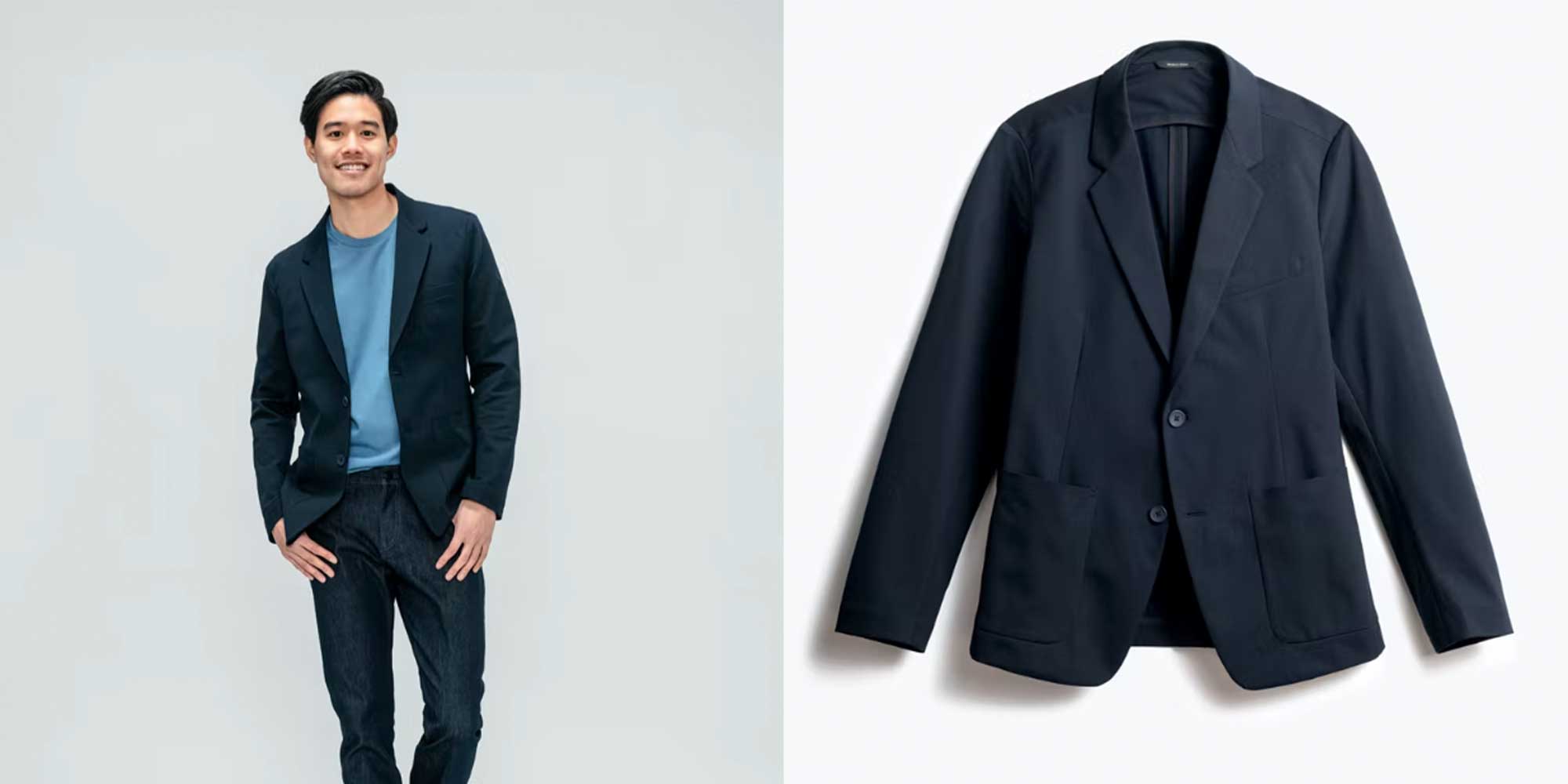 A person wearing a casual navy blazer by Ministry of Supply.