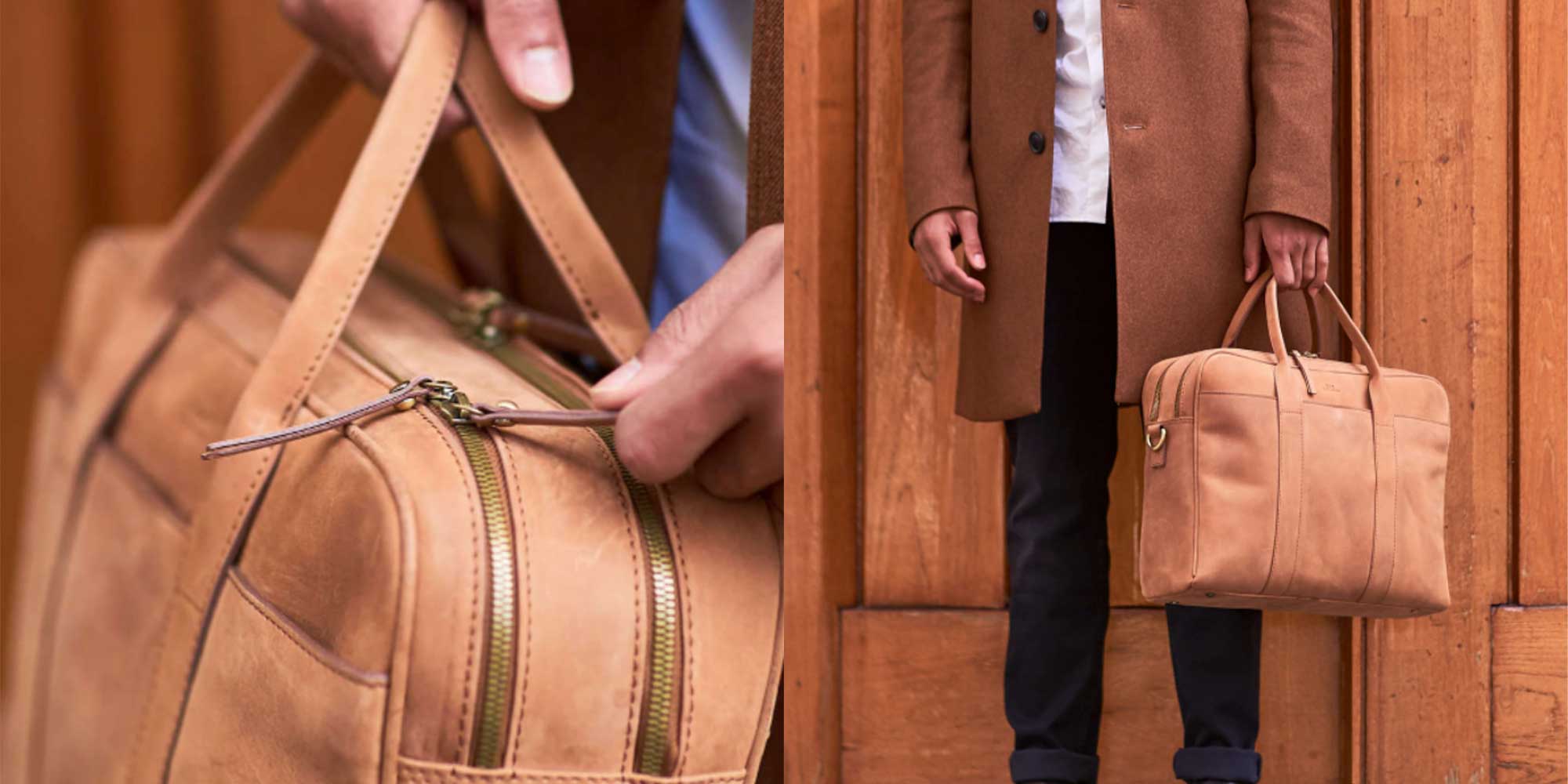 A person holding a brown rectangular travel bag by O My Bag.
