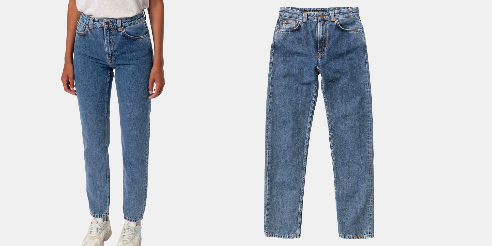 A pair of ethical dark wash jeans by Nudie Jeans