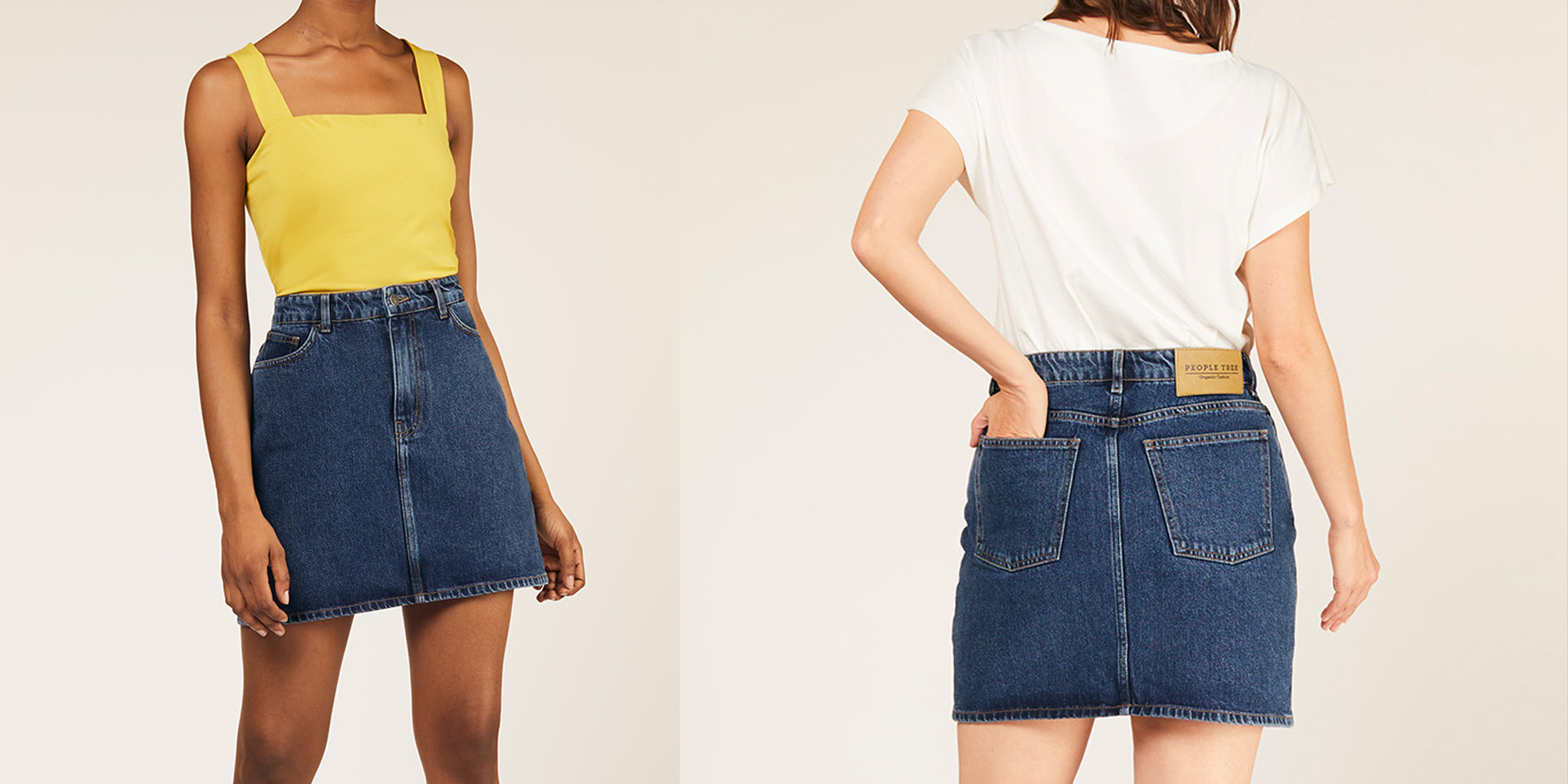 Two women in the Catrina Denim Skirt by People Tree.