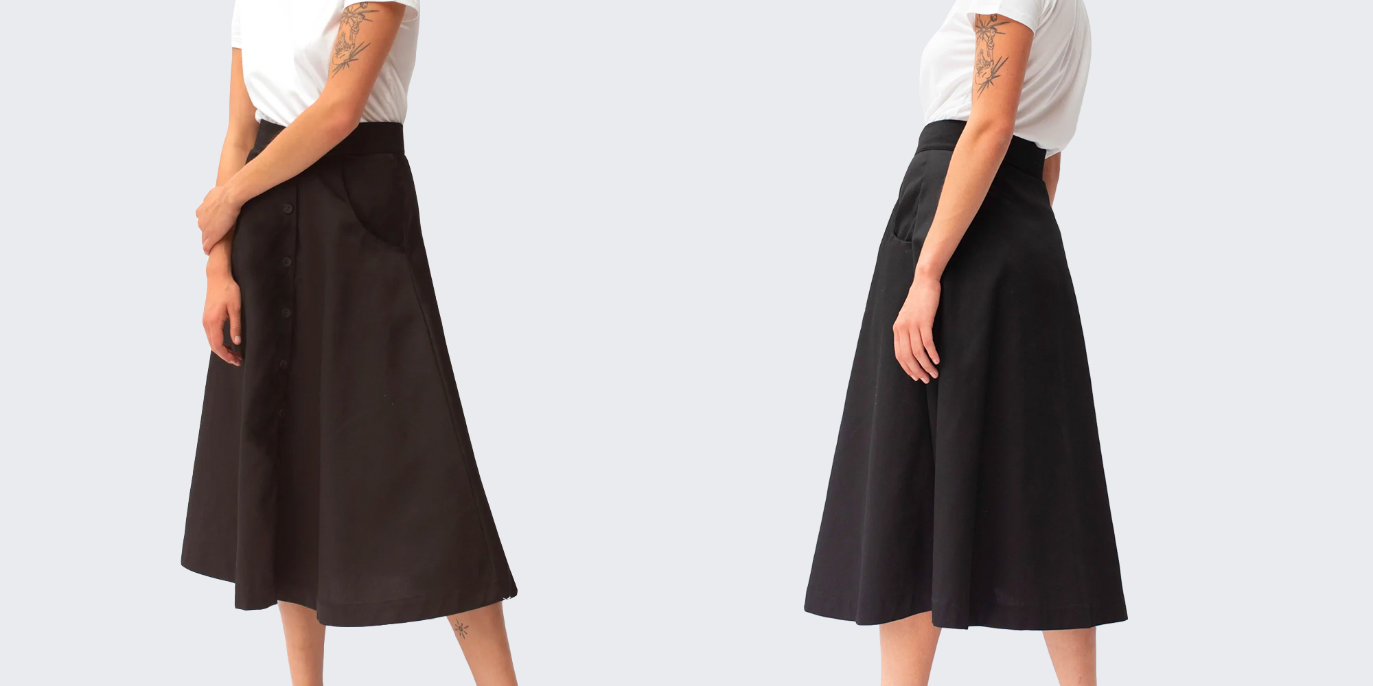 A woman in a sustainable mid-length skirt by ReCreate.