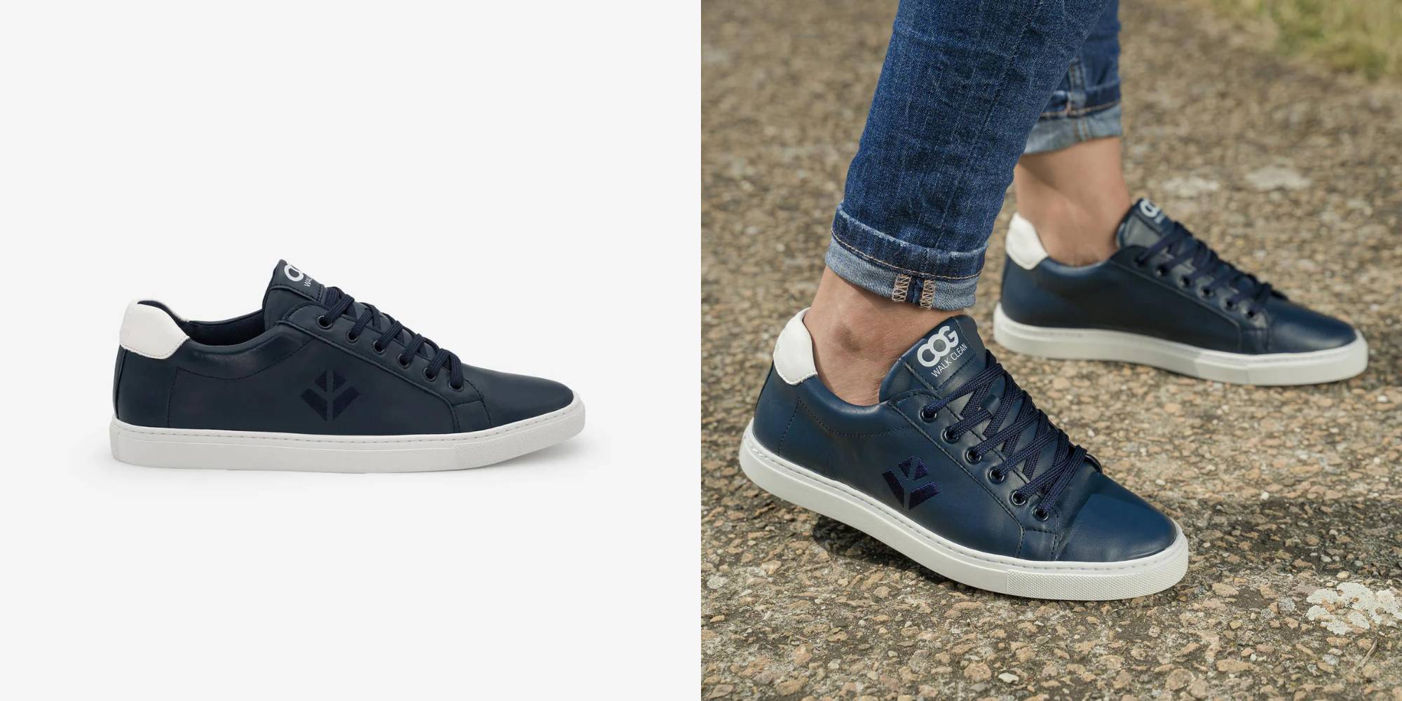 A pair of navy sneakers with white soles from COG.