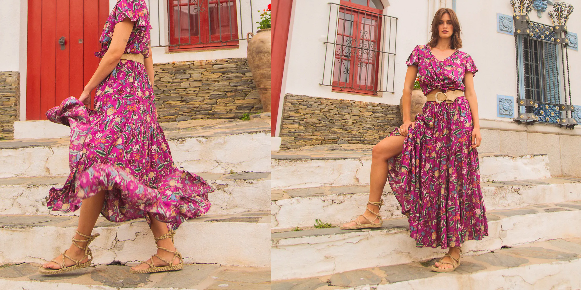 A woman standing on steps in a full-length ethical skirt.
