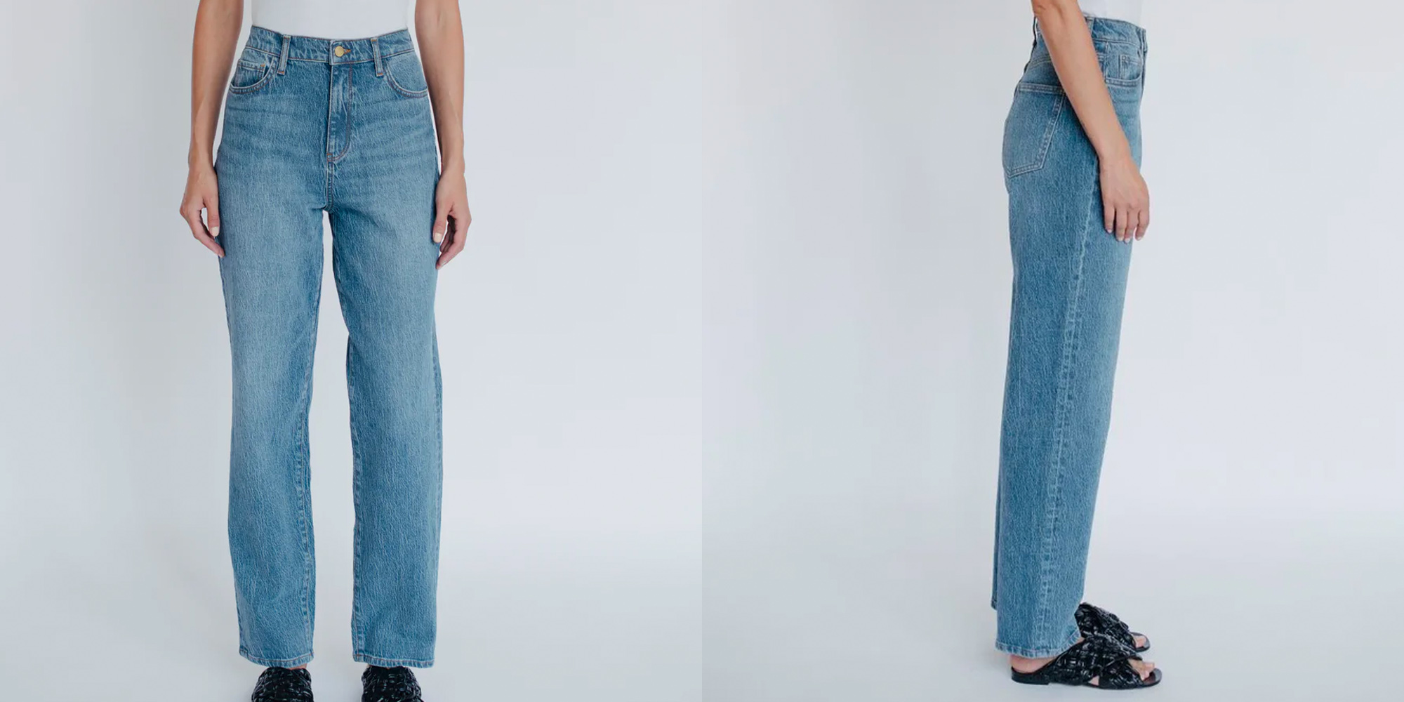 A pair of light wash denim jeans similar to Levi's 501 by Triarchy.