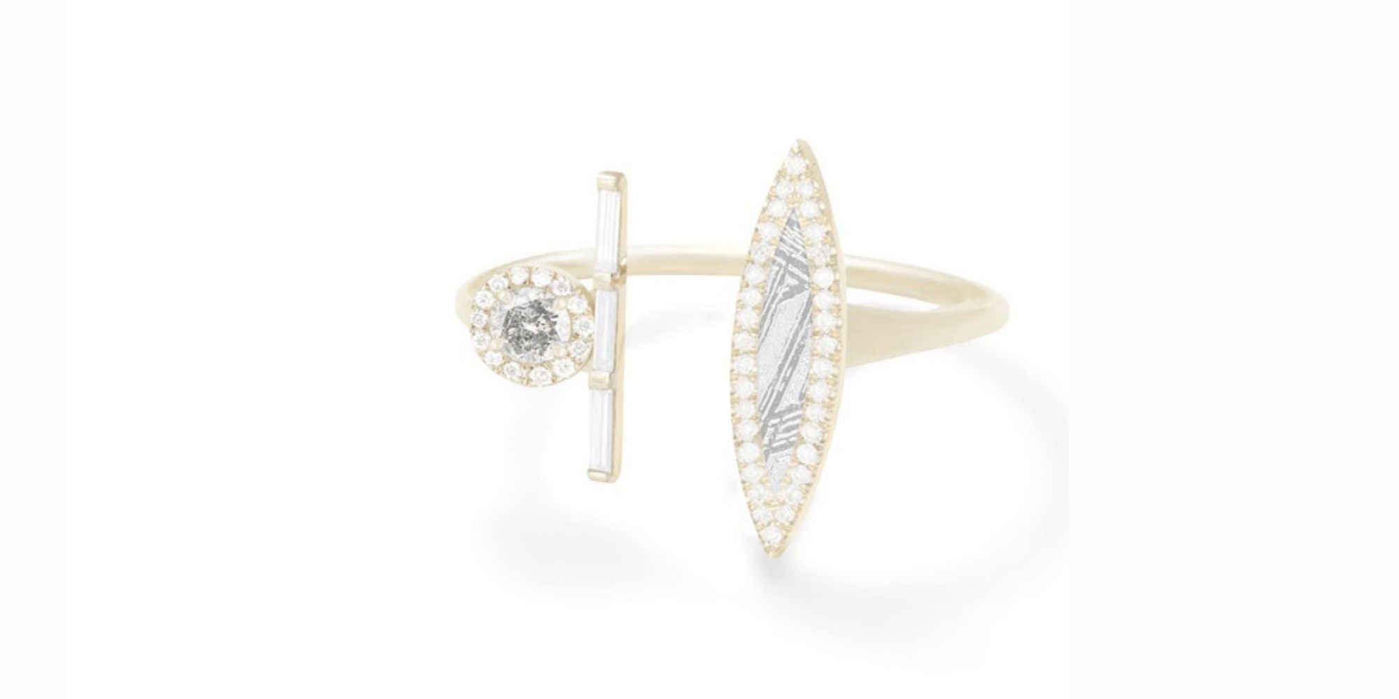 A unique engagement ring featuring a slice of meteorite, recycled gold, and brilliant cut diamonds by Monique Pean.
