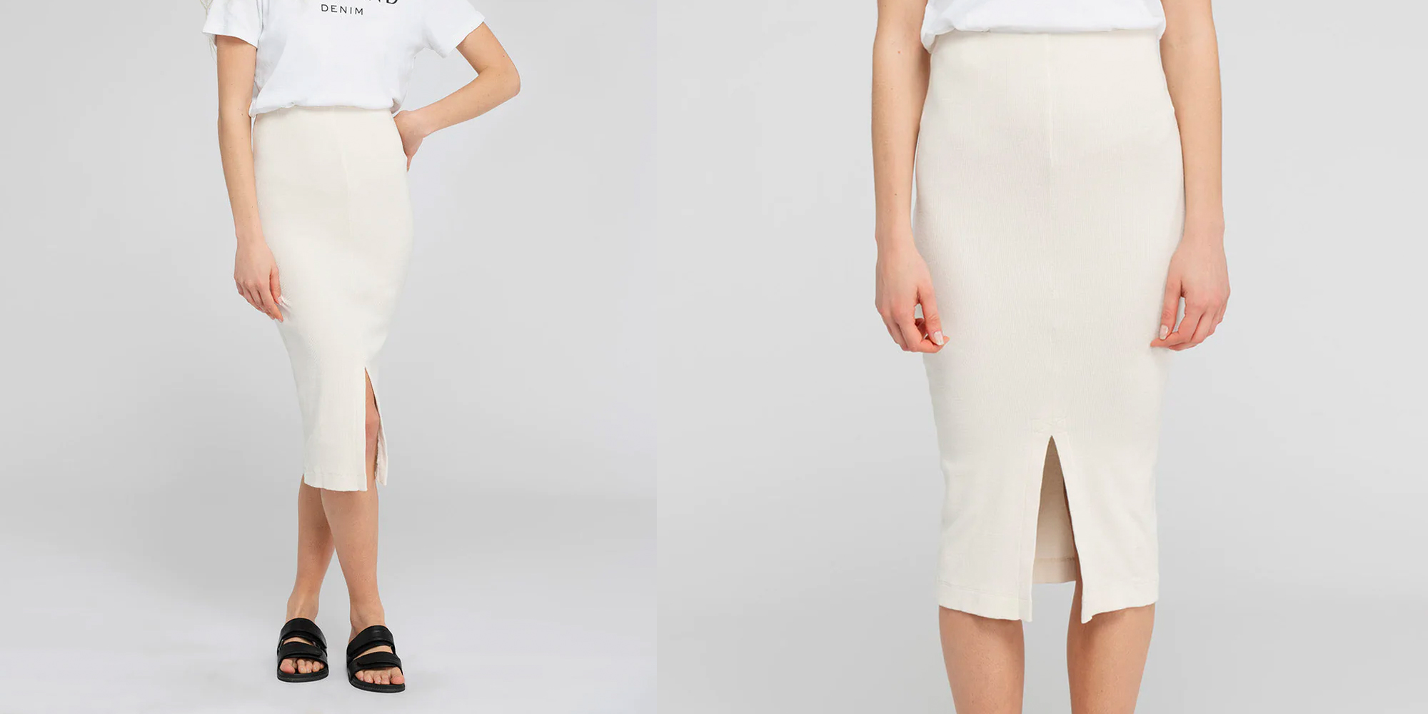 A woman in an ethical mid-length skirt by Outland Denim.