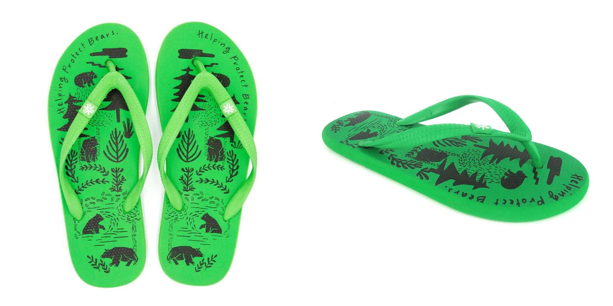 Bright green natural rubber thongs with a black bear pattern on them by Etiko.
