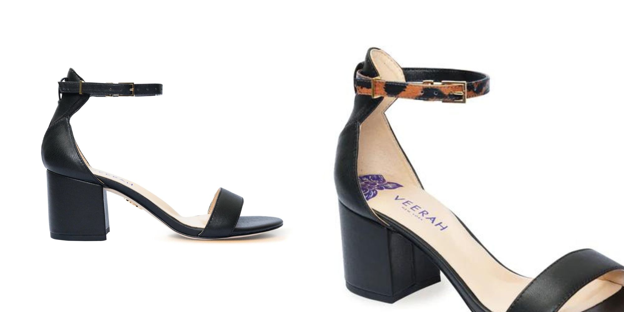 Black vegan block heel sandals by VEERAH with a reversible leopard-print strap.