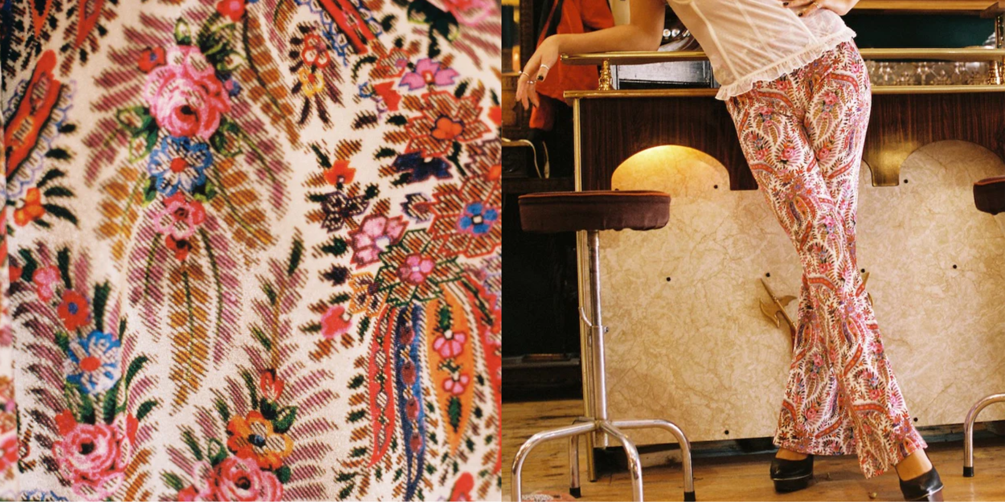 close up view of fabric pattern, and full bottom view of person in Isolde Flares by Flare Street