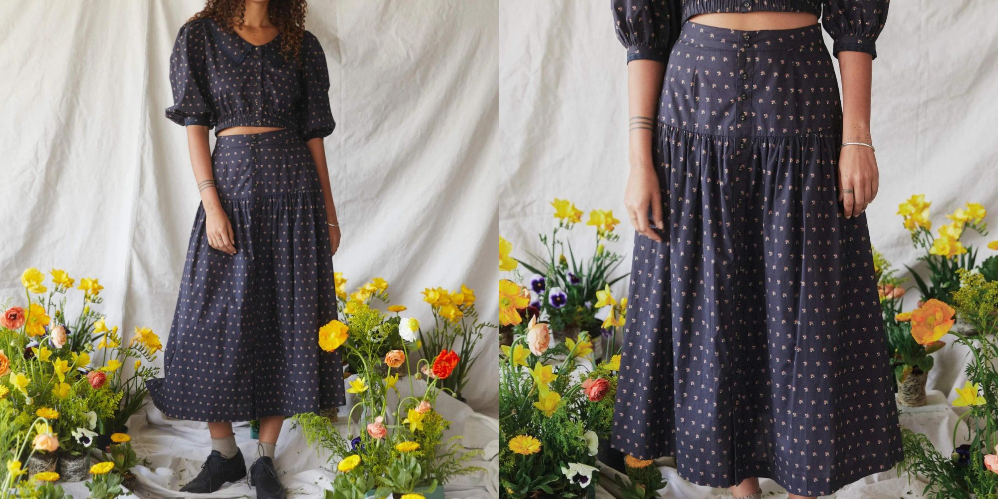 A dark printed prairie-style full length organic cotton skirt by Christy Dawn.