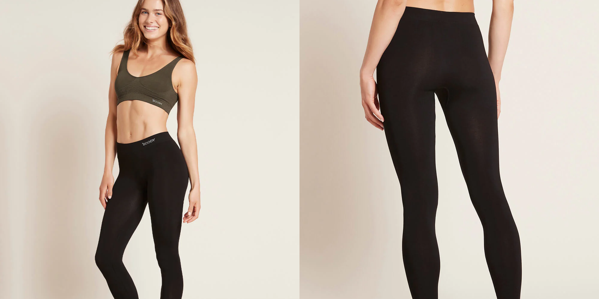 Someone in full bamboo leggings in black by Boody.