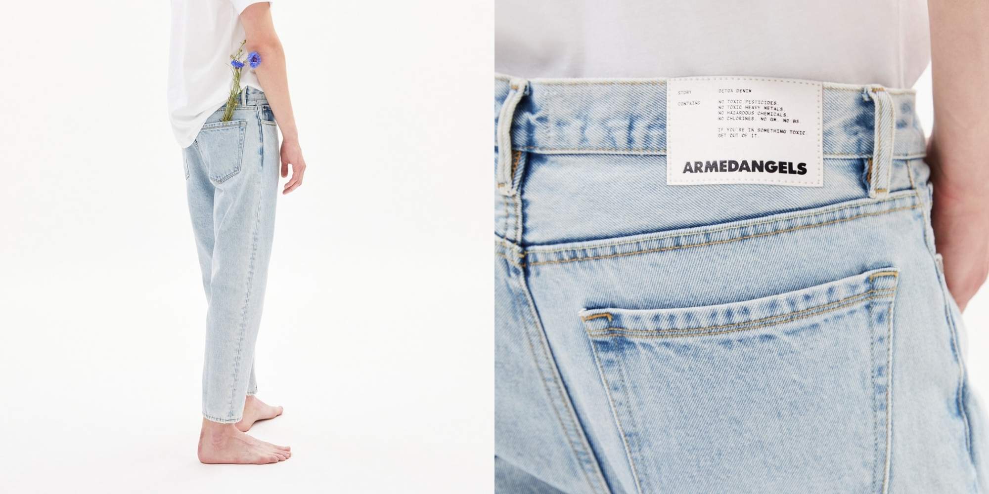 A pair of light blue loose fit denim jeans by Armedangels.