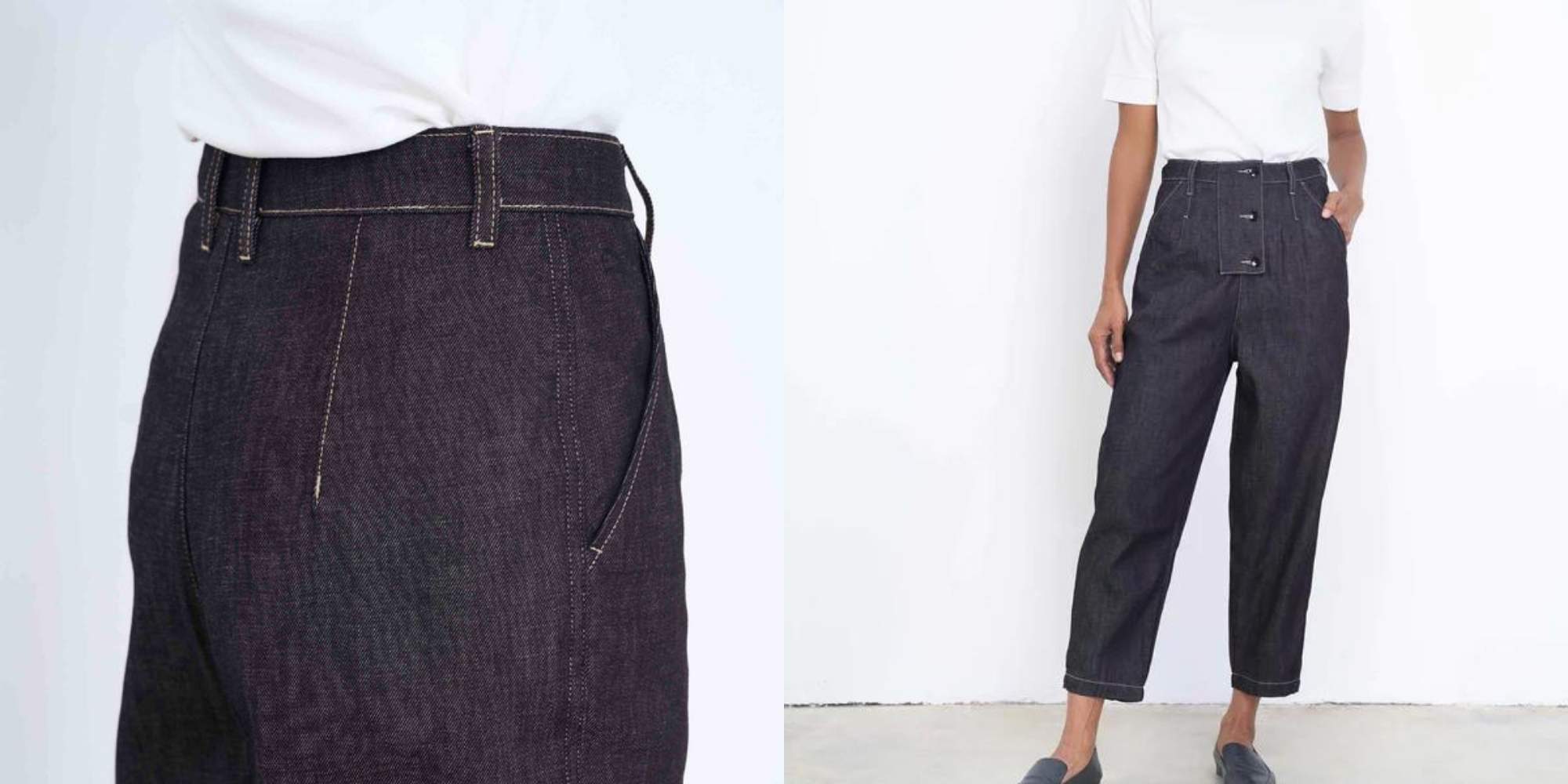 A pair of high waisted dark loose fit denim pants from Dawn Denim.