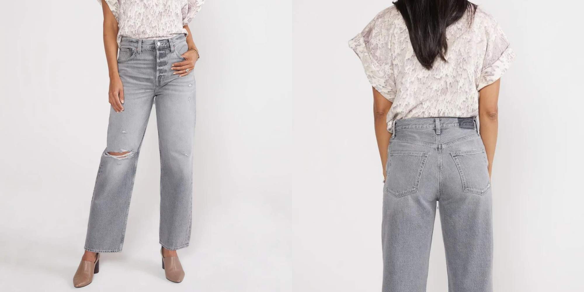 A pair of light grey loose fit denim jeans from ETICA.