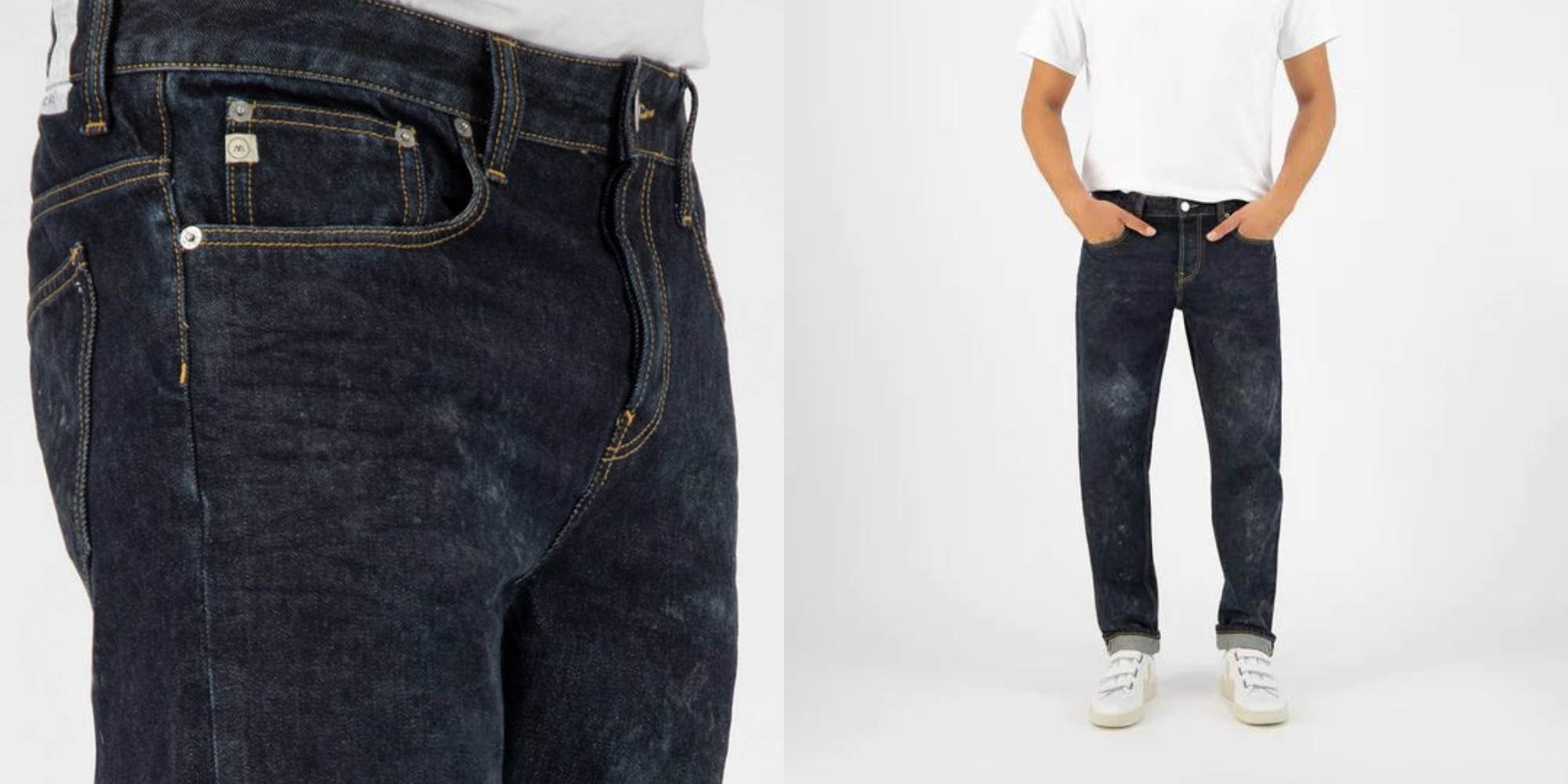 A pair of dark wash sustainable baggy jeans by MUD Jeans.