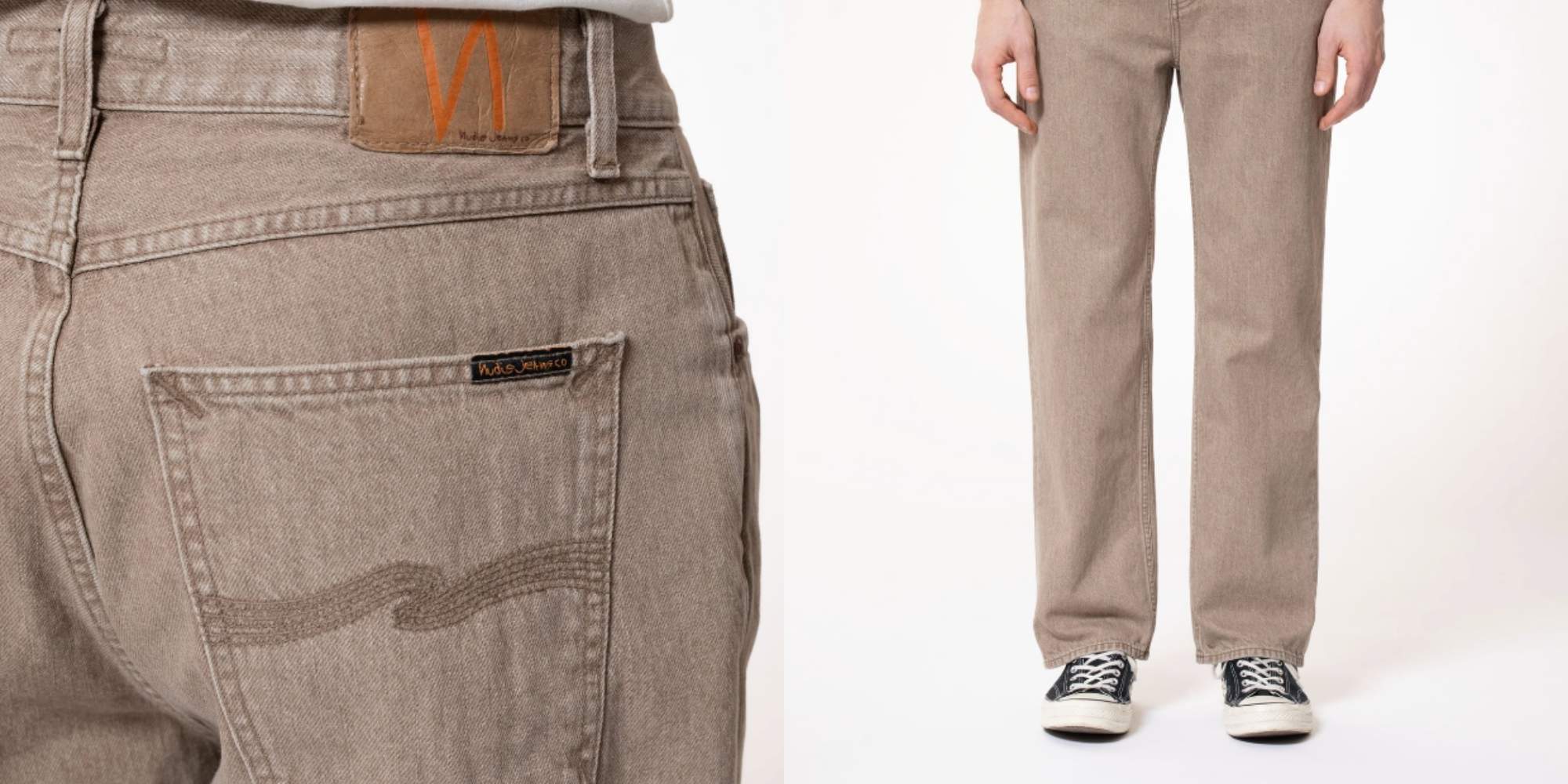 A pair of light drown loose fit denim jeans by Nudie Jeans.