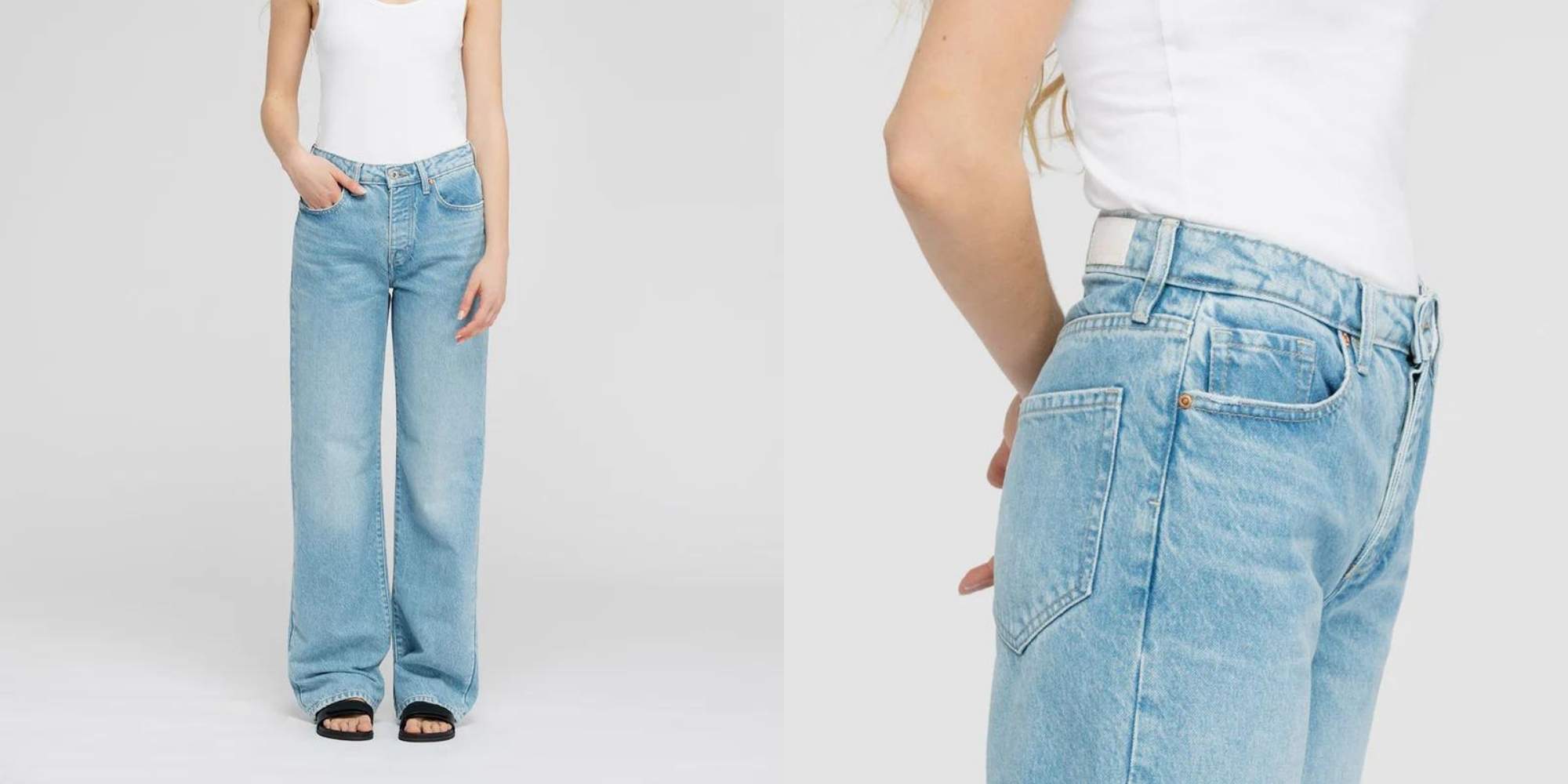 A pair of long light blue loose fit denim jeans.