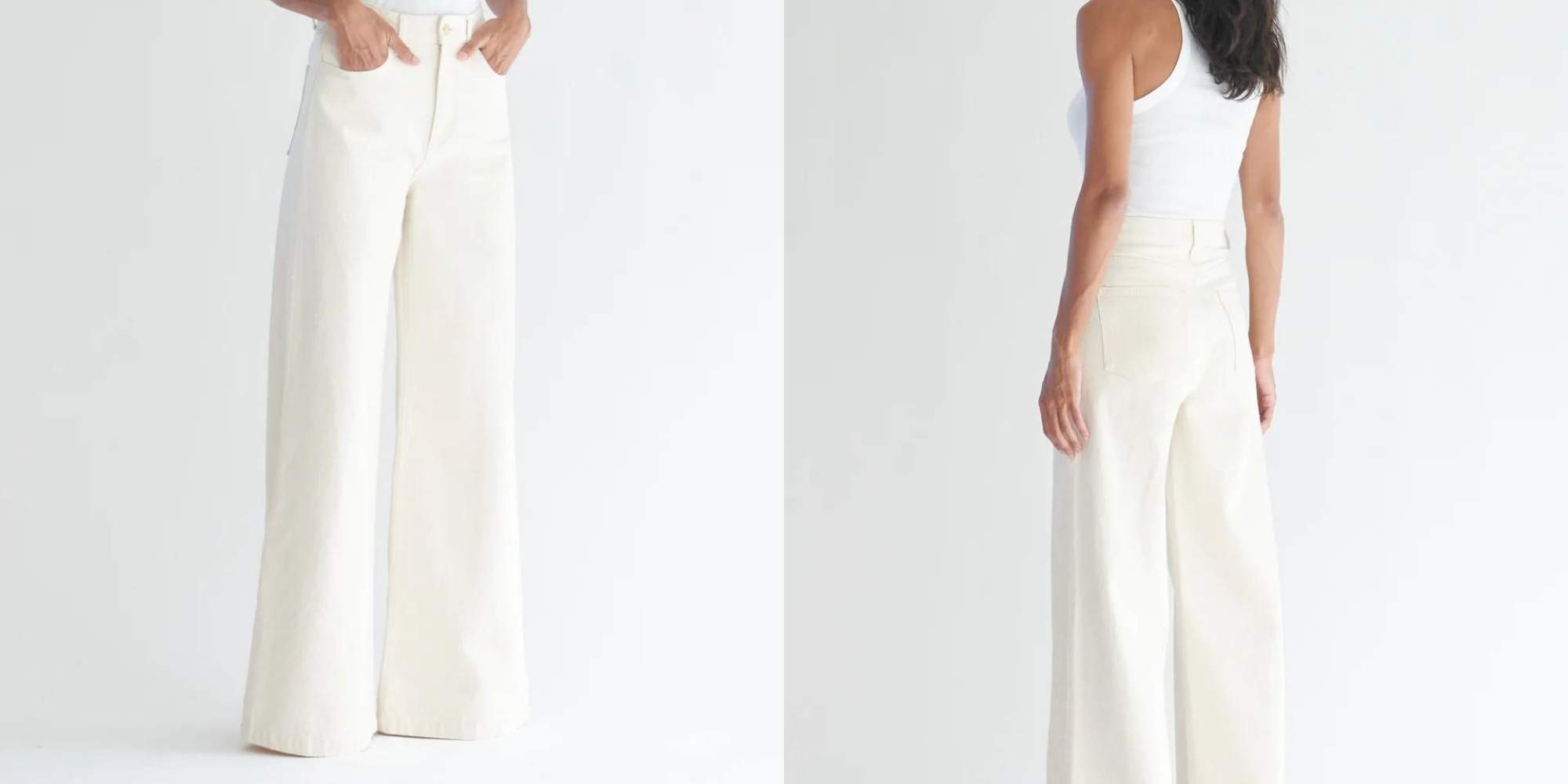 A pair of long white wide leg denim jeans by Triarchy.