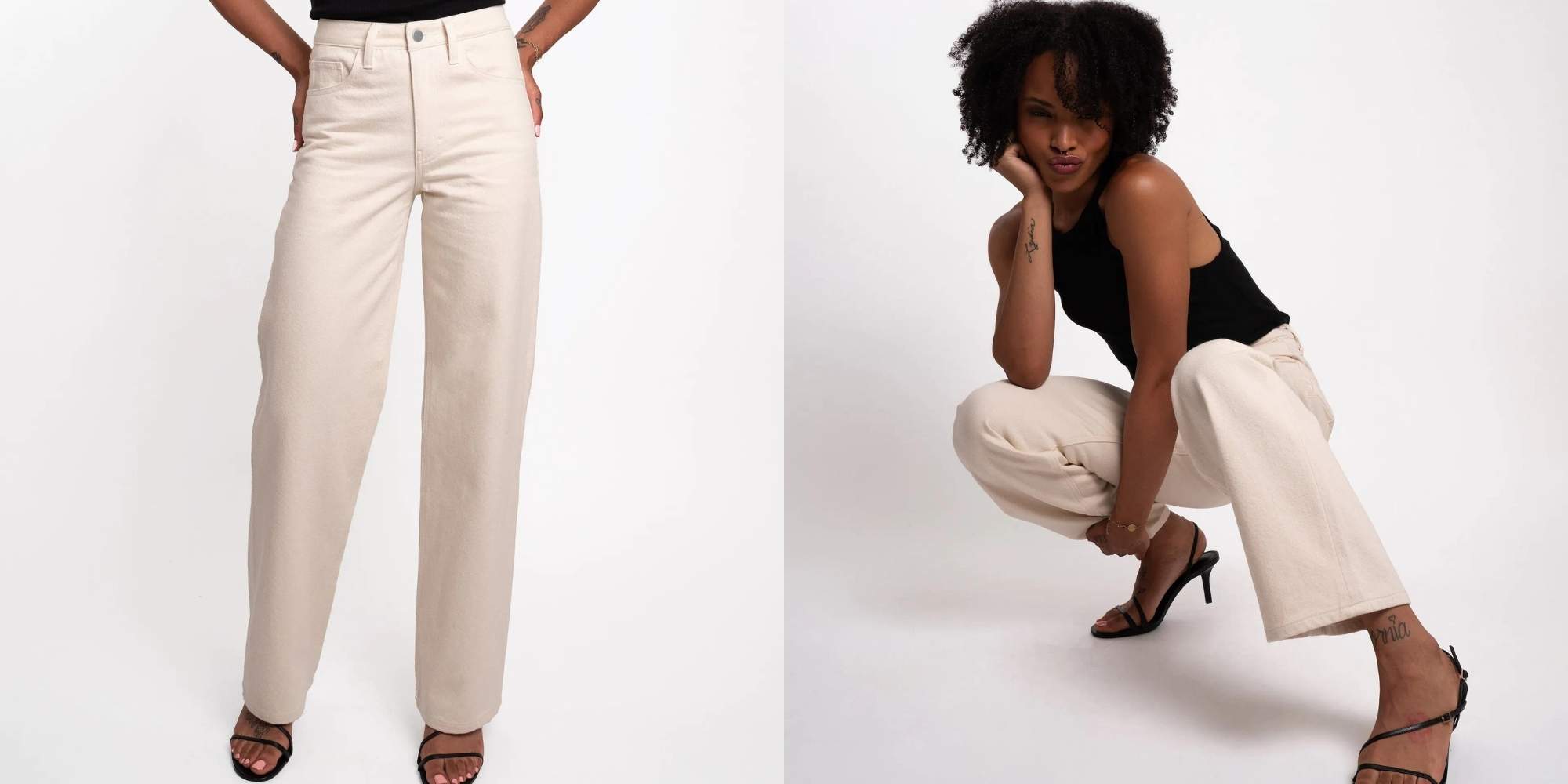 A pair of white loose fit denim jeans.