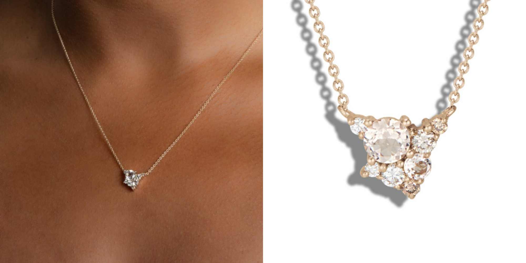 A cluster necklace features morganite, diamond, and champagne diamond.