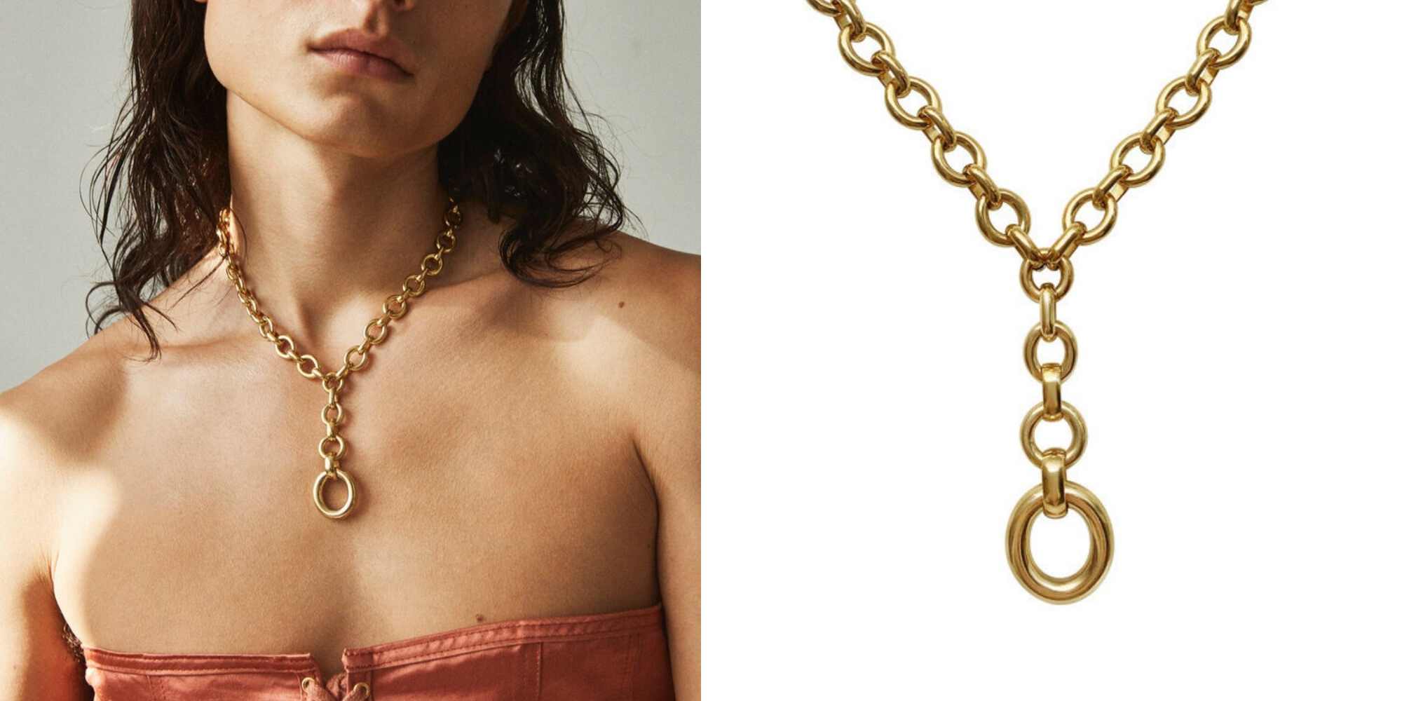 A hand assembled chain necklace with graduated drop detail in 14kt gold plated brass.
