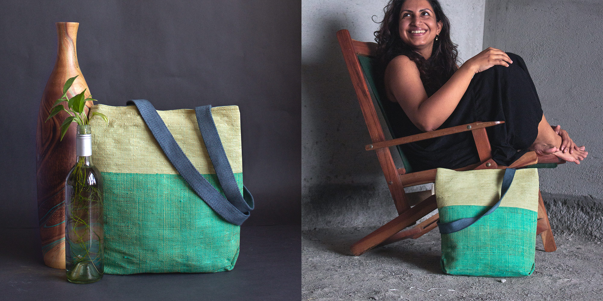 person sitting next to tote bag and bottles next to tote bag by thela