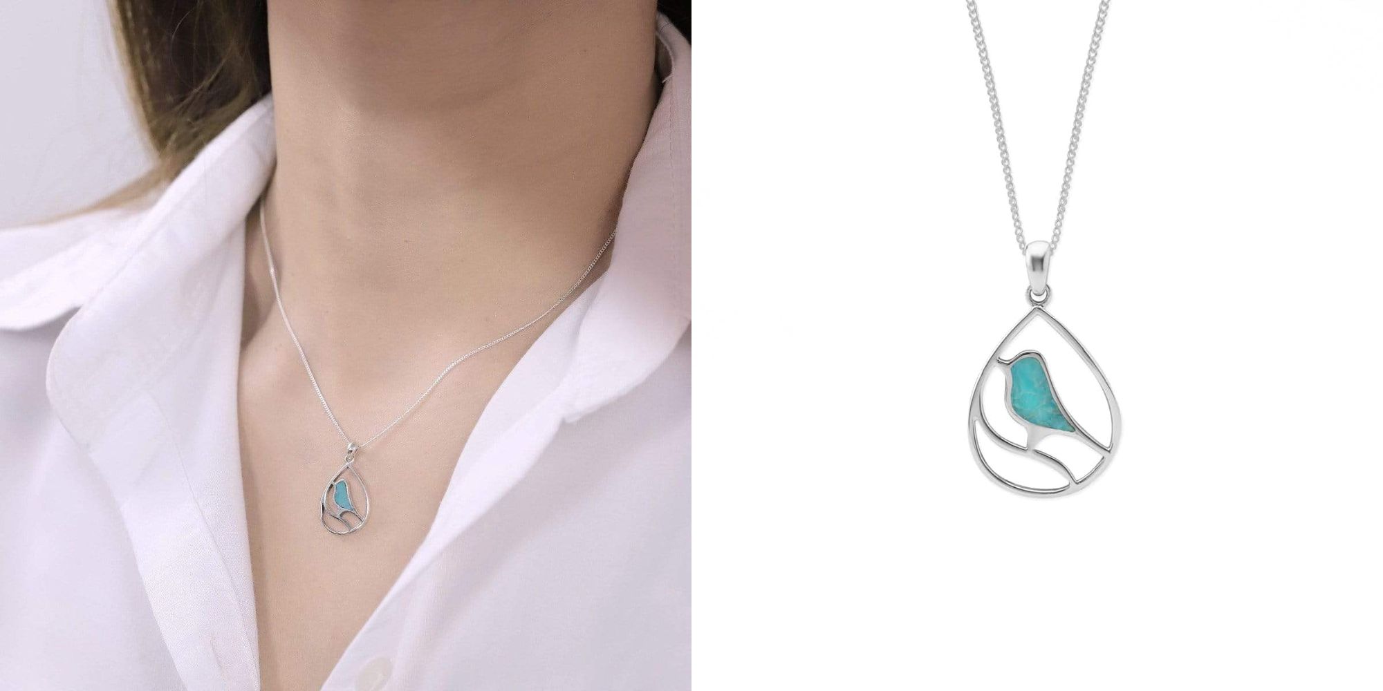 A delicate silver and turquoise bird design necklace responsibly-made by Boma.
