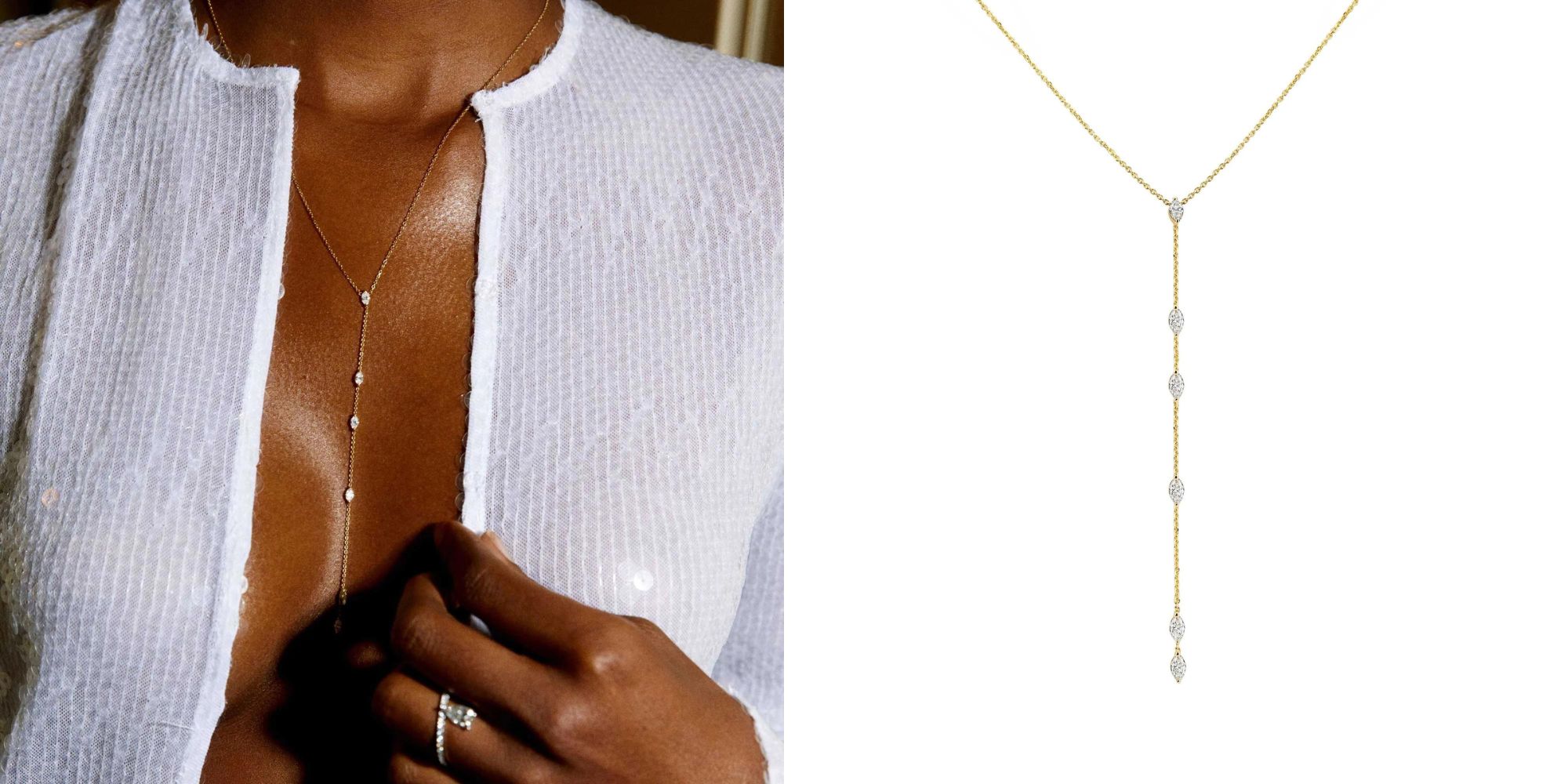 An elegant cascading gold chain and marquise diamond necklace by Kimai.