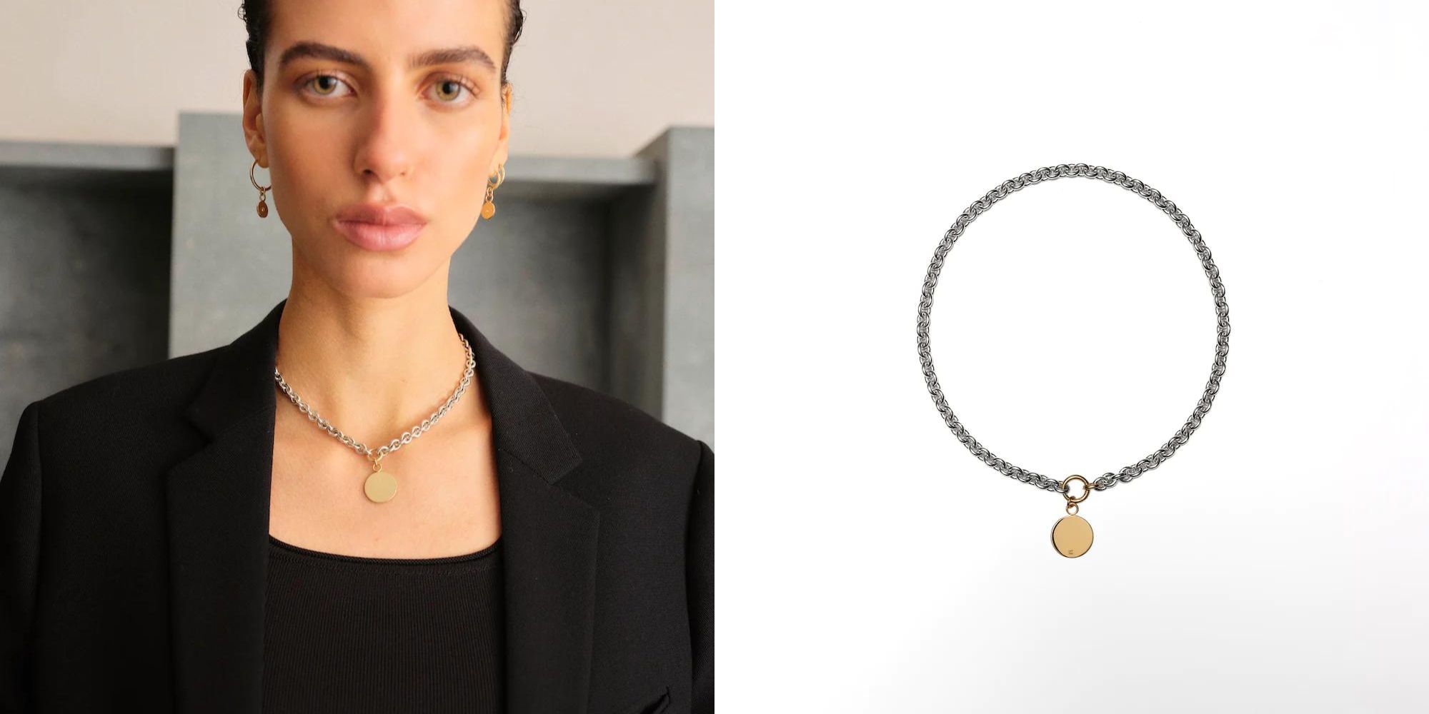 A medial silver chain necklace with a recycled gold clasp made in Berlin by Lilian von Trapp.