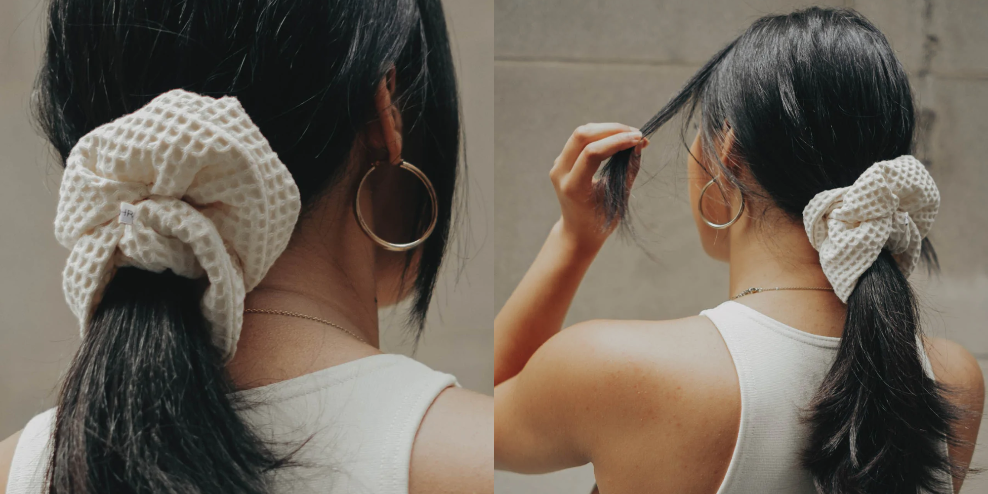 close up and back view of person with long black hair tied with off-white waffle scrunchie by Kohr