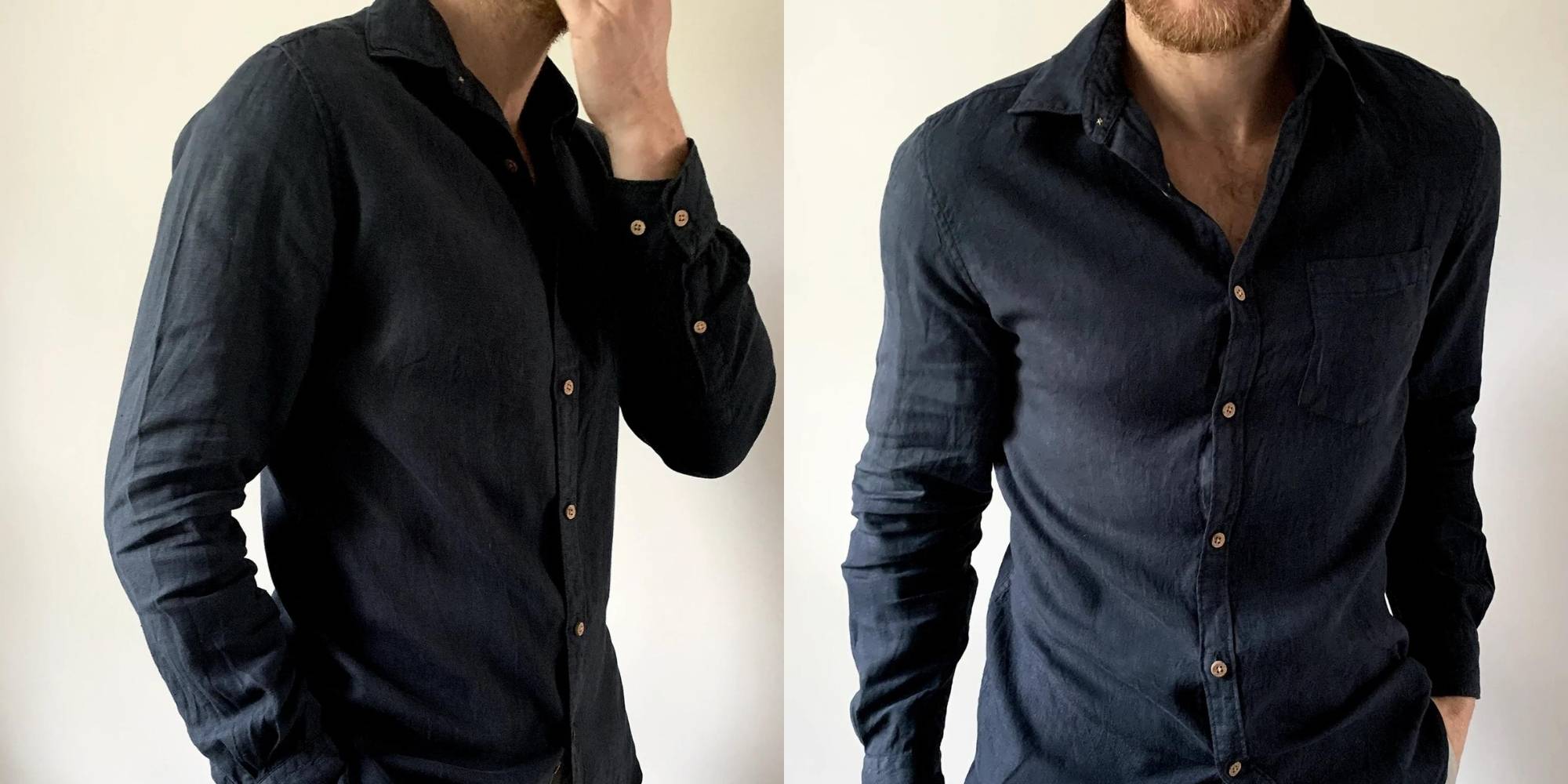 A dark navy fall linen shirt by Arthur & Henry.