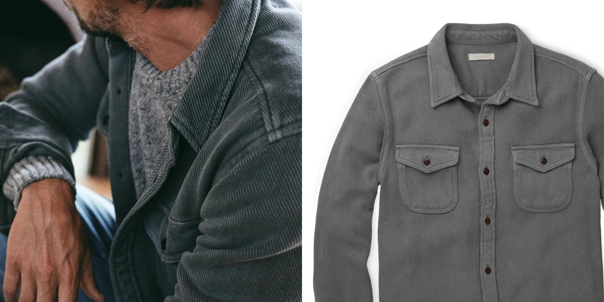 A blue grey overshirt by Outerknown.